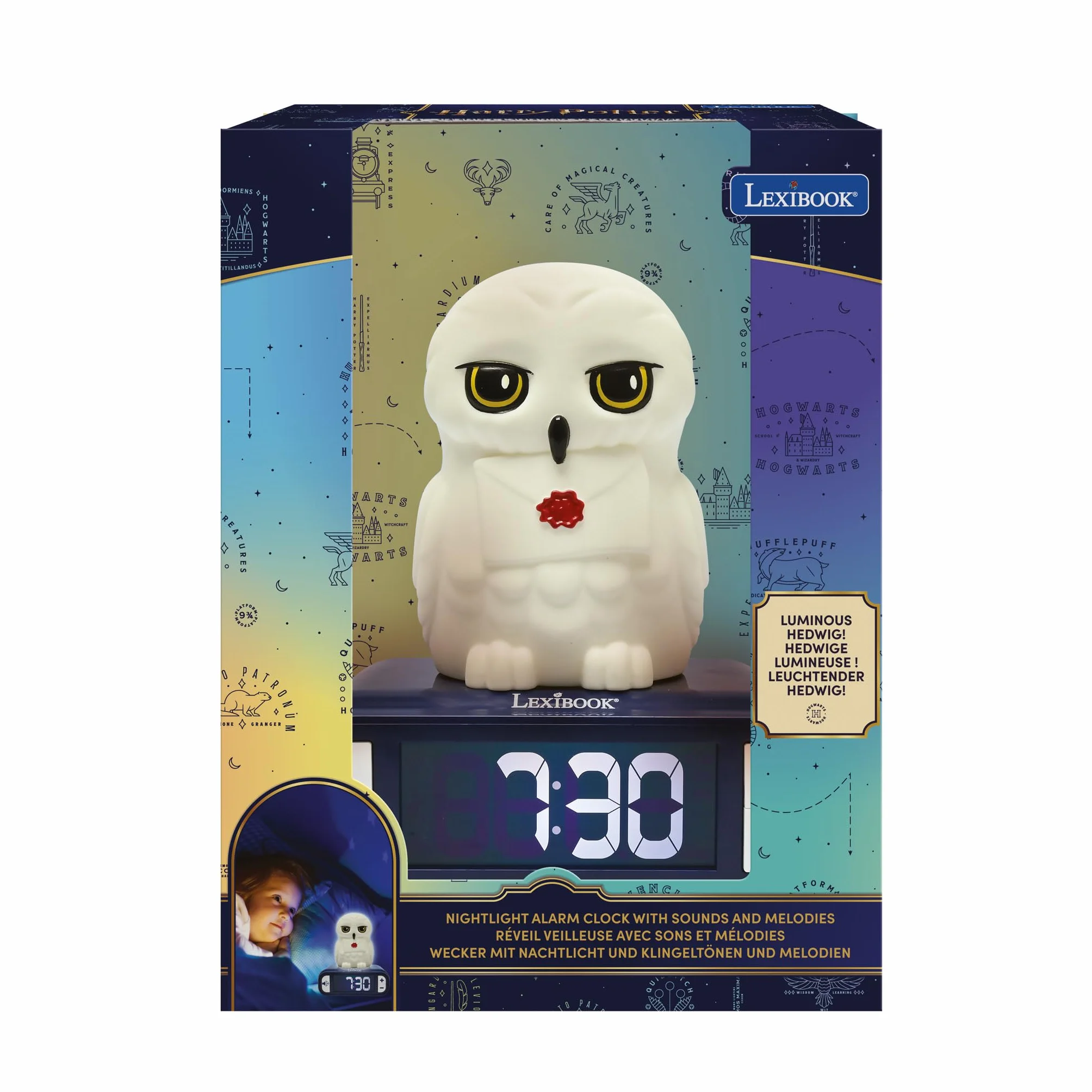 Lexibook, Hedwig Budzik Nocny, Dźwięki i Melodie, Podświetlany Ekran LCD, Świecący, Drzemka, Biały, Niebieski, Mały