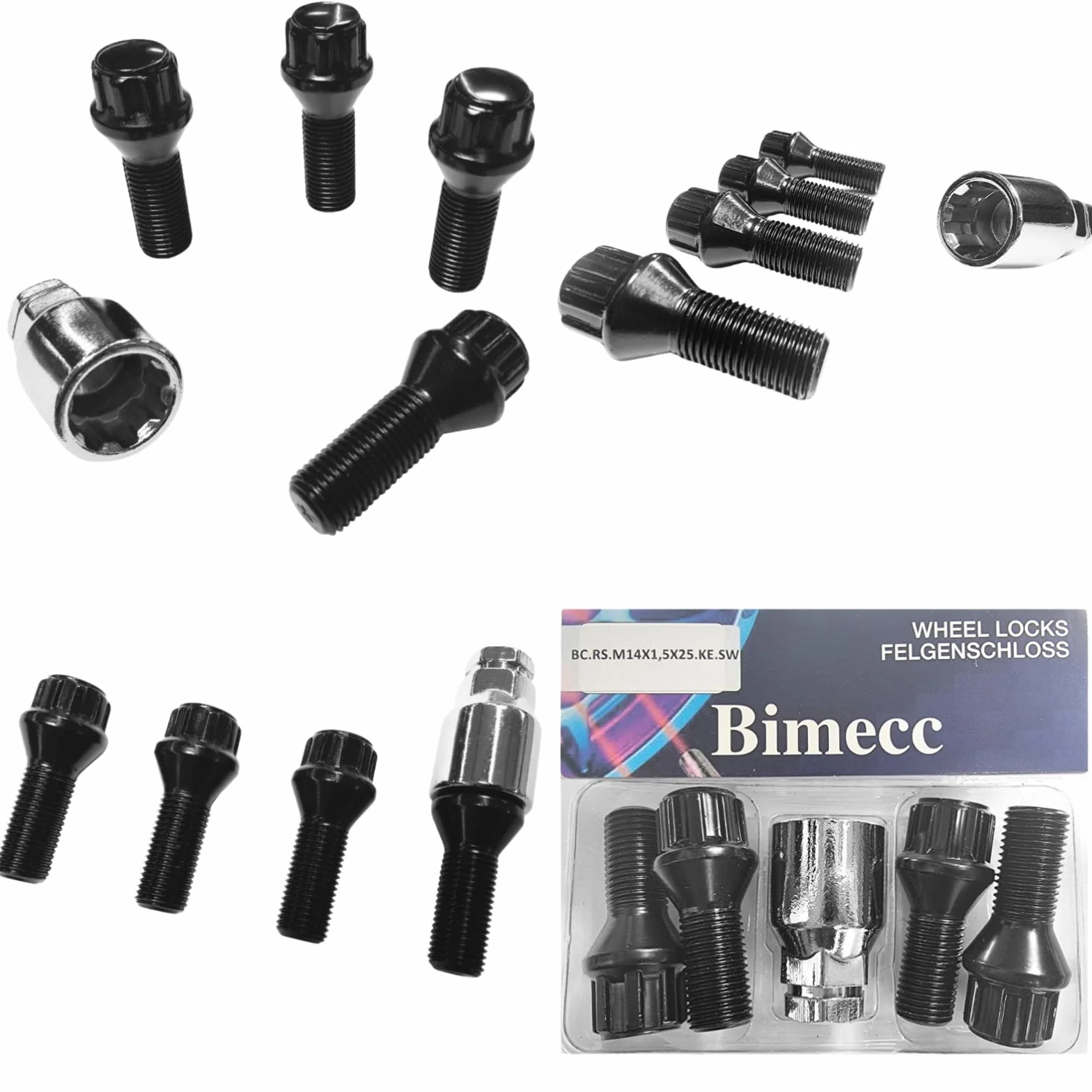 Blokada do felg M14 x 1,5 x 25 mm, taśma stożkowa 60°, kompatybilna z Alfa Romeo Citroen Fiat Lancia Maserati MG Peugeot Renault Rover SsangYong, 4 x czarne zamki do felg, zabezpieczenie kół, śruby do