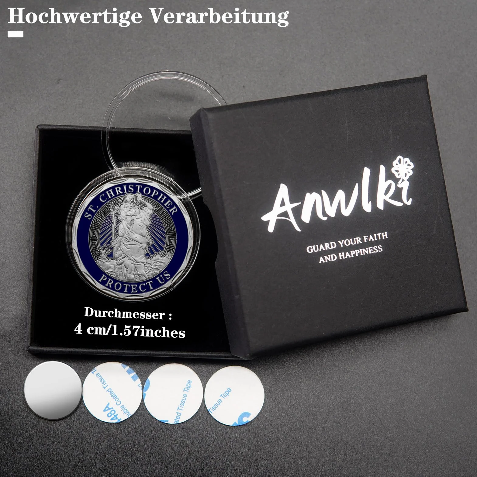 Plakietki na samochód Świętego Krzysztofa Ø 4 cm, medal, zestaw z magnesem i naklejkami (stare srebro)