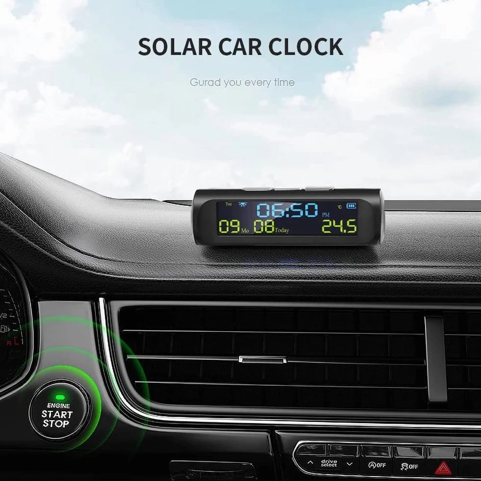 Samochodowy solarny zegar cyfrowy z wyświetlaczem LCD wskazującym temperaturę w samochodzie do dekoracji części samochodowych zewnątrz A