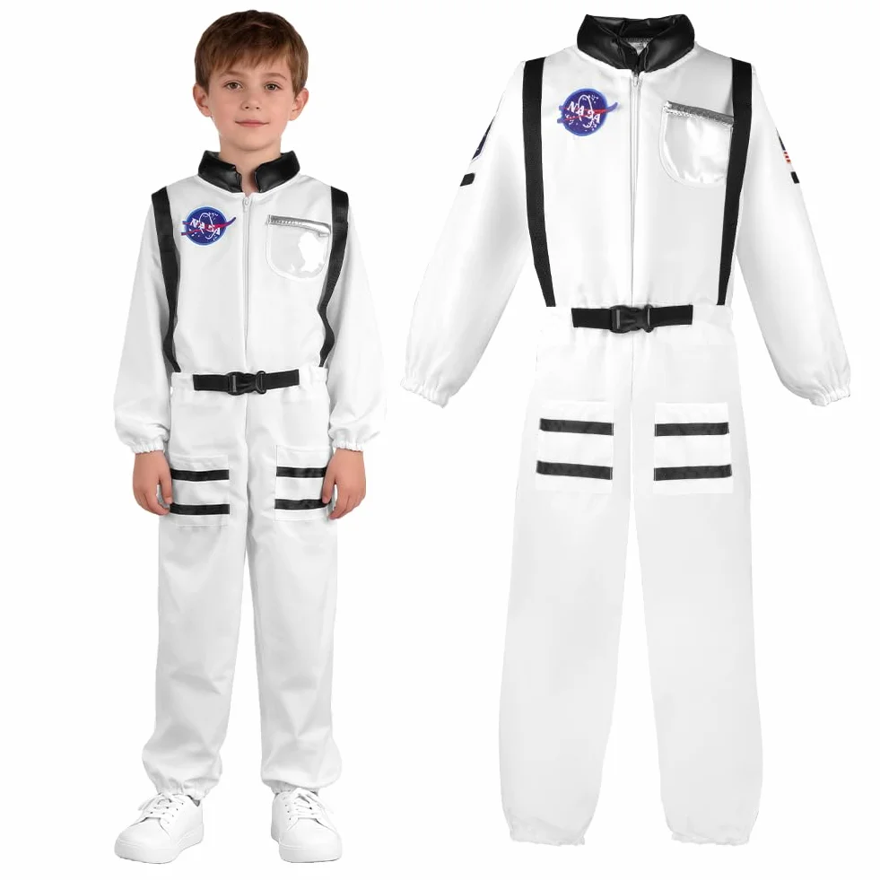 Kostium astronautów dla dzieci, 2 szt. Chłopcy i dziewczęta kombinezon kosmiczny unisex z kaskiem, dziecko kosmiczne ubrania na karnawał Halloween Boże Narodzenie Cosplay