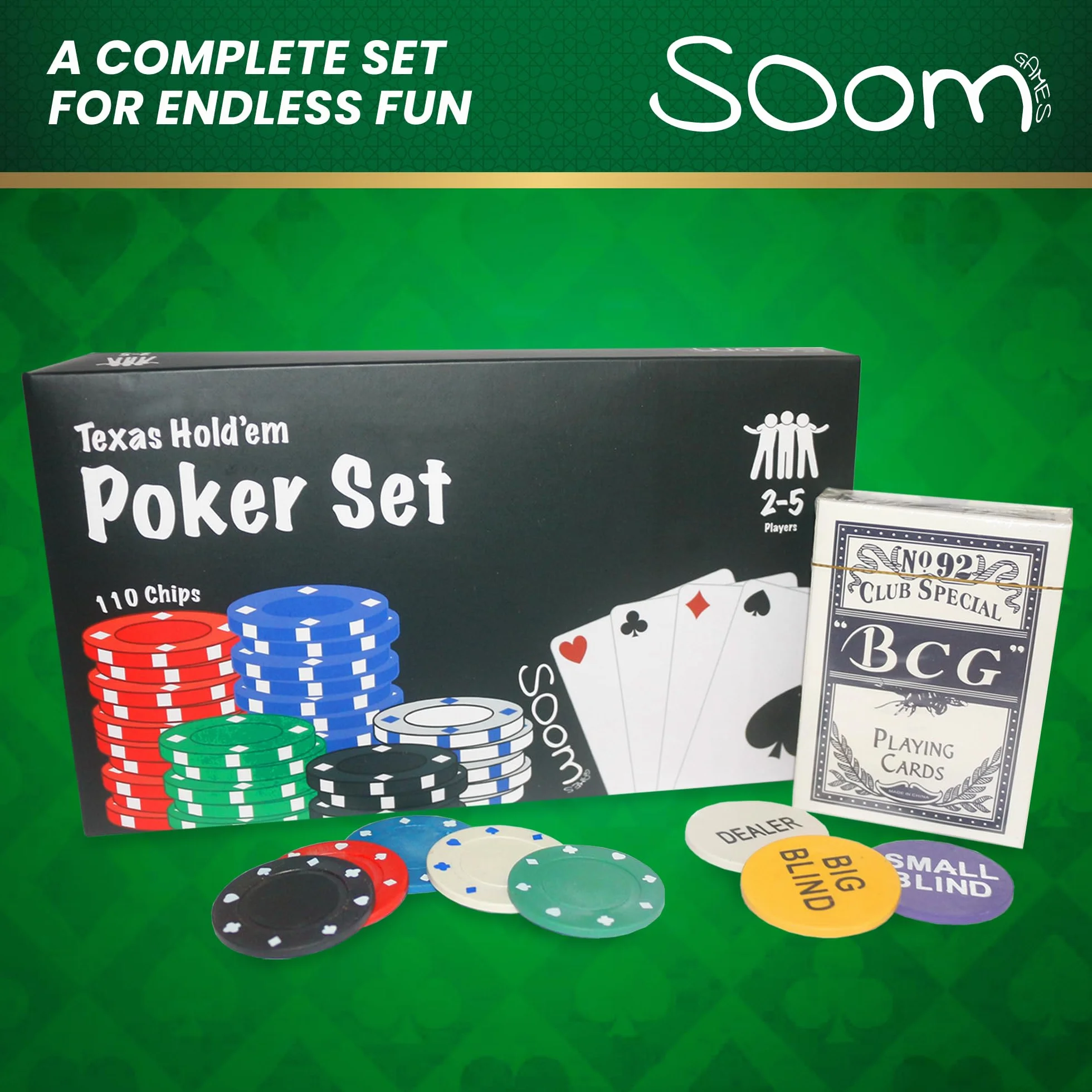 Zestaw do pokera dla 2-4 graczy, zawiera 110 żetonów, przyciski Big Blind i Small Blind, przycisk dealera, karty do gry Texas Holdem, kompletny zestaw do pokera