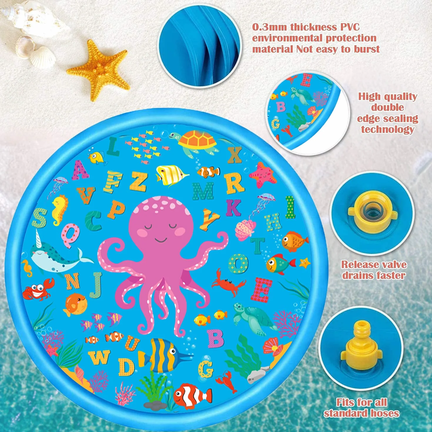 Lubibi Splash Pad, 170 cm, mata do zabawy wodna, mata do zabawy, ochrona przed rozpryskiwaniem, do nauki na świeżym powietrzu, na lato, do ogrodu, nadmuchiwana zabawka wodna dla niemowląt, dzieci
