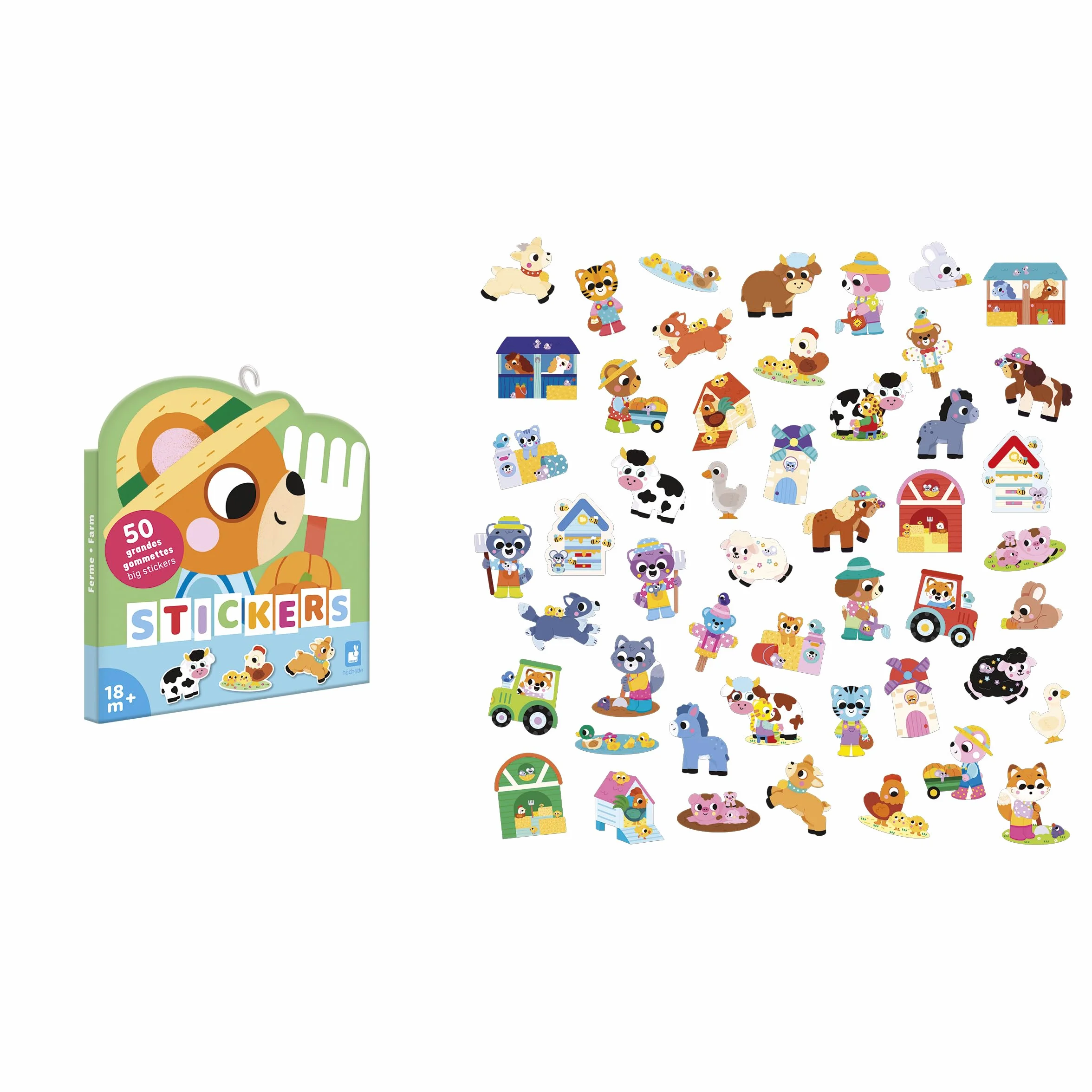 Janod - 50 dużych naklejek dla dzieci od 18 miesięcy - Format 7x8cm - Naklejki z motywem zwierząt gospodarskich - Wstępnie wycięte, aby ułatwić chwyt - Kreatywny rozwój - J09188