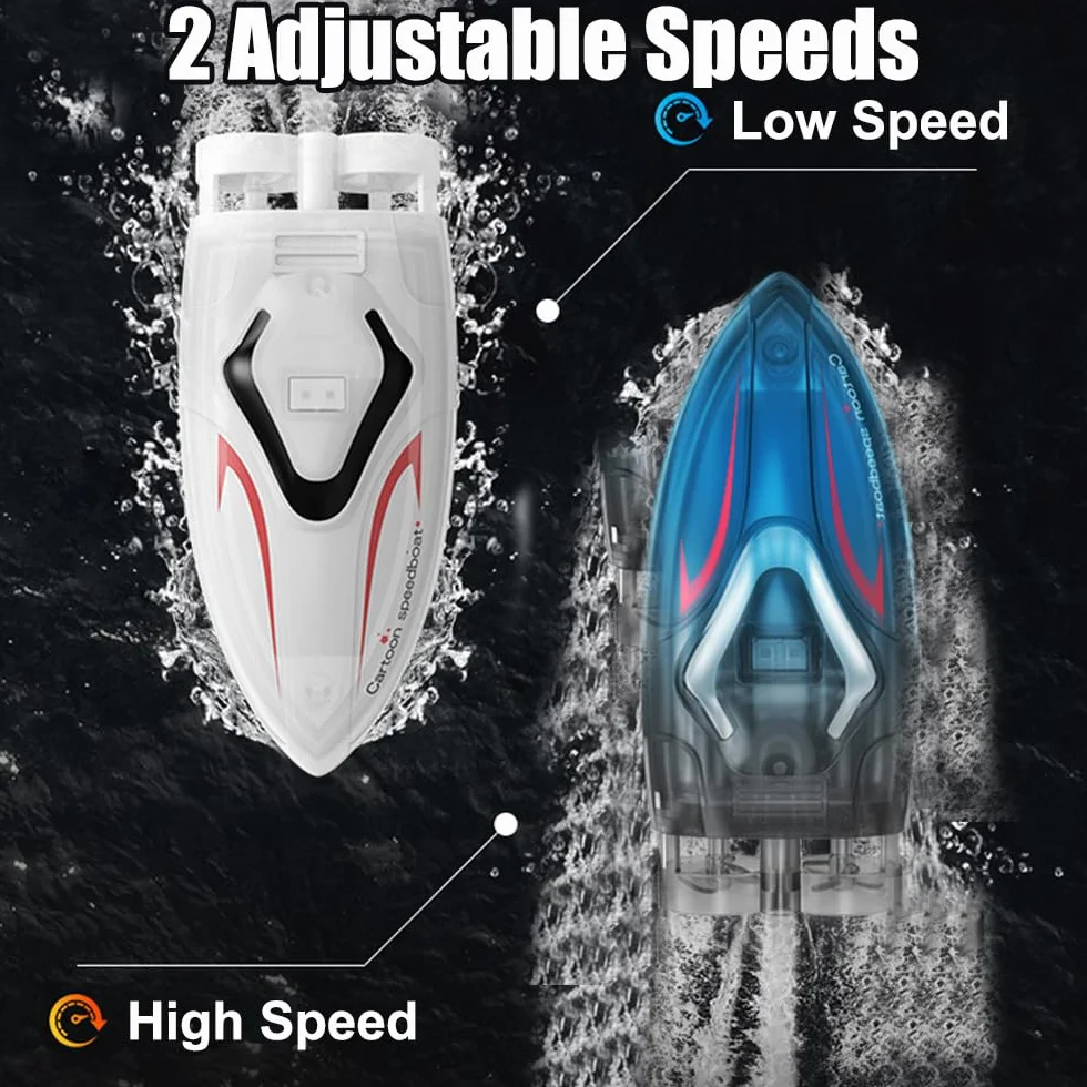 OBEST 2 szt. Mini zdalne łodzie sterowane ze światłem LED, łodzie wyścigowe RC Stunt z 2,4 GHz pilot zdalnego sterowania i nadmuchiwany basen, jeziora i stawy zabawka dla chłopców i dziewcząt