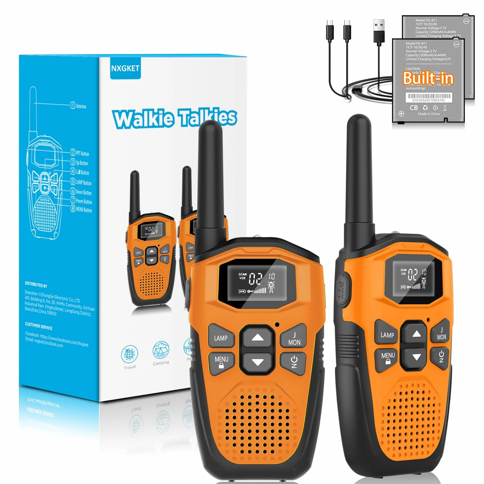 Walkie Talkie dla dorosłych Dzieci dalekiego zasięgu, 2 sztuki radiotelefonu NXGKET z wbudowanymi bateriami, zabawki dla dzieci w wieku 3–12 lat, 16-kanałowy kabel USB typu C VOX na kemping