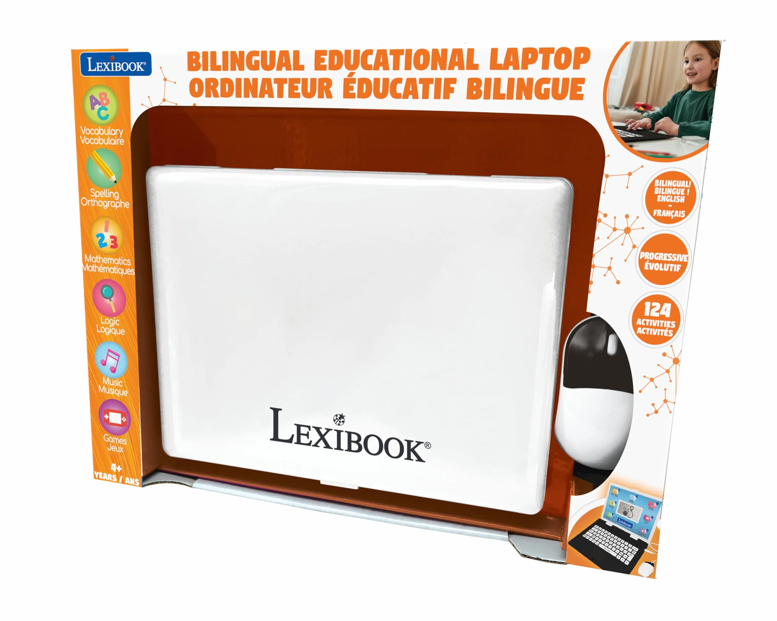 Lexibook, dwujęzyczny laptop edukacyjny, 124 zajęcia językowe, pisanie, matematyka, logika, muzyka i gry, chłopcy i dziewczęta, JC498i1, średni