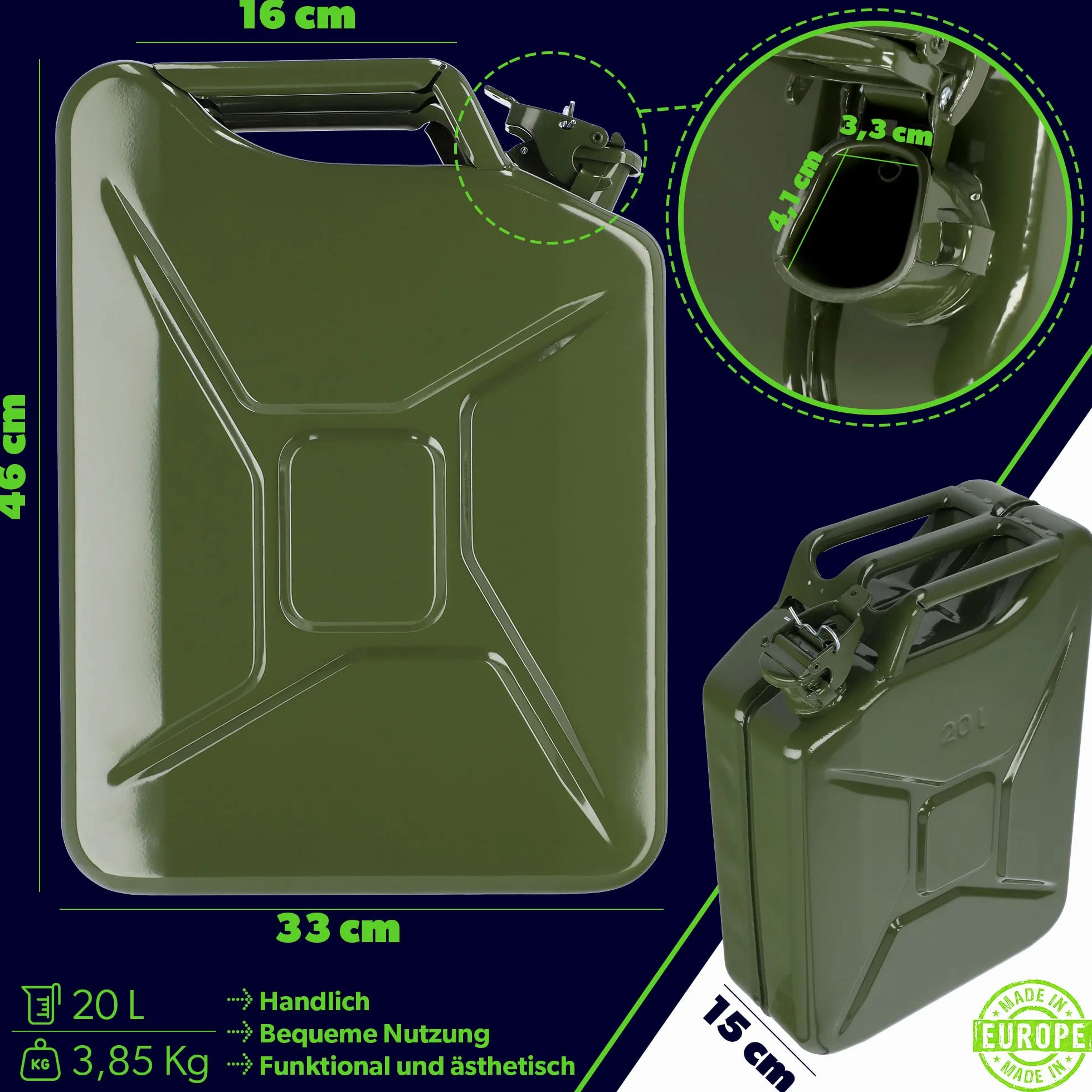 KADAX Kanister na paliwo 20 l, stal 0,8 mm, potrójny uchwyt, zielony