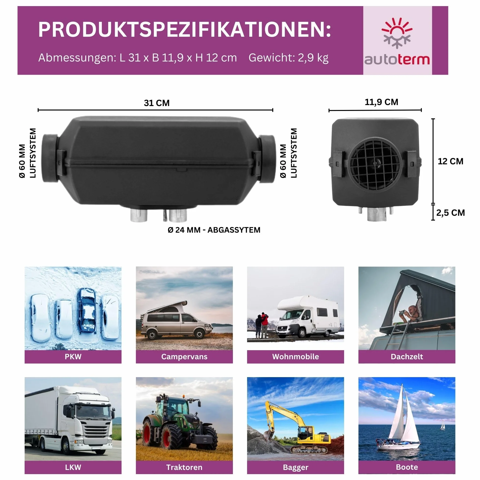 Autoterm Air 2D, 2 kW Nagrzewnica postojowa 12 V na olej napędowy, z diodami LED – panel obsługowy Comfort Control i cicha pompa paliwa do kamperów, samochodów osobowych, ciężarowych, łodzi