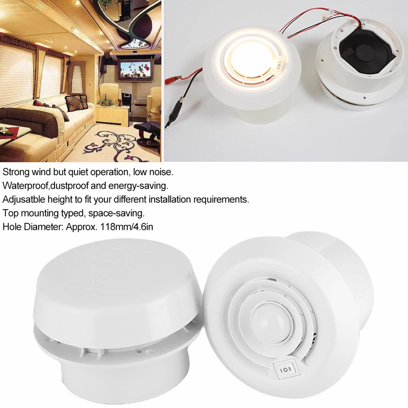 Wentylator Dachowy 12V 4000 obr. Min LED Okrągły Wentylator Wyciągowy do Samochodów Kempingowych