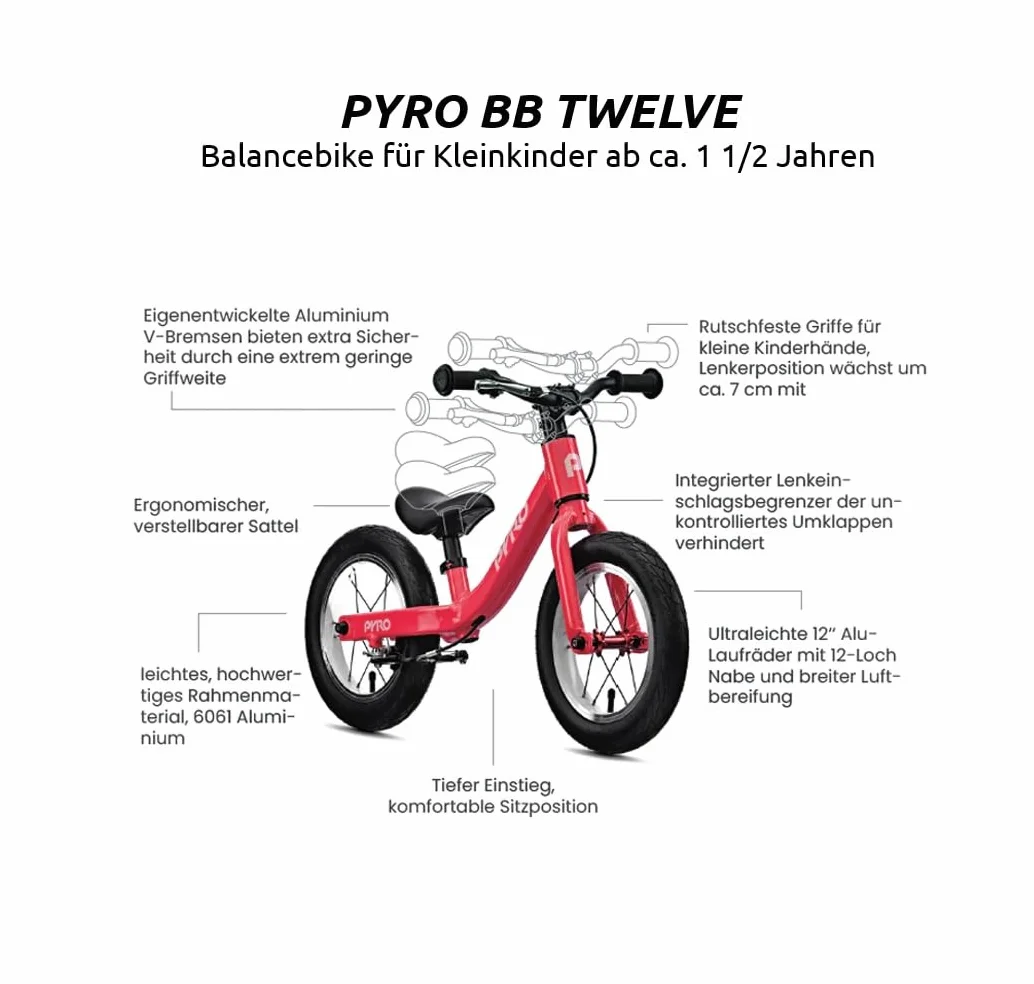 PYRO BB Twelve – rower biegowy (12 cali rower balansowy dla małych dzieci od 1,5 roku, kierownica i siodełko z regulacją wysokości, aluminiowe hamulce V-Brake)