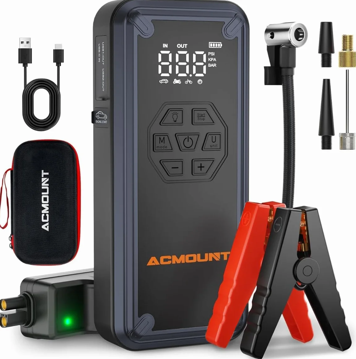 Acmount Powerbank Rozruchowy, 7000A Powerbank Rozruchowy z Kompresorem 150PSI, Rozruchowy Powerbank do Samochodów Osobowych (Do 9L Benzyny i 8L Diesla) z Ekranem LCD i Latarką LED 600 Lumenów