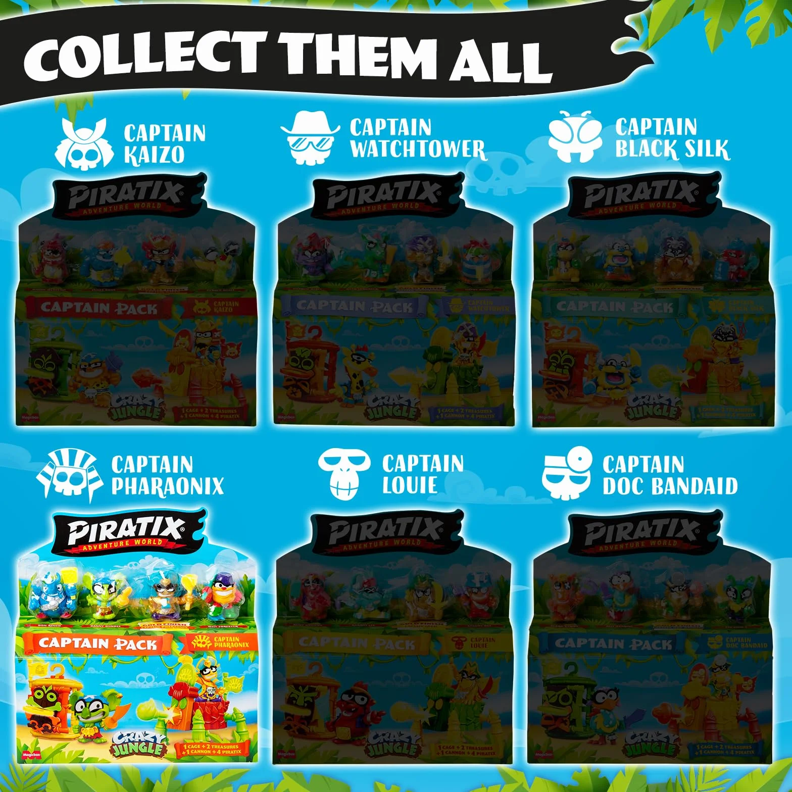 PIRATIX, ADVENTURE WORLD Seria Crazy Jungle, Captain Pack Pharaonix– zawiera 4 figurki Piratix,w tym 1 złotego kapitana,4 akcesoria,1 klatkę,1 armatę,2 ekskluzywne monety,2 flagi. Zestaw 4 z 6