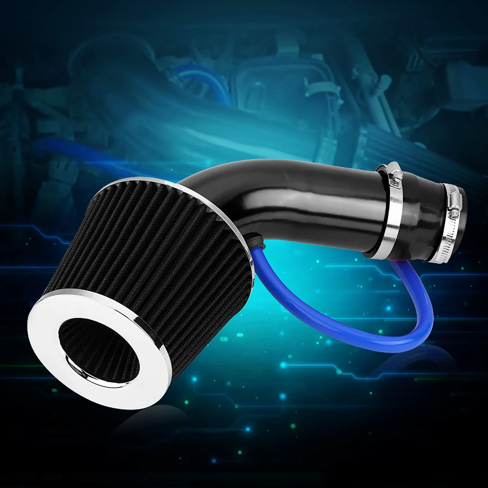 Auto Sport Filtr powietrza, 76 mm 3-calowy uniwersalny zestaw filtra wlotu powietrza chłodzącego, uniwersalny system wlotu powietrza z włókna węglowego z wężem (wzór węglowy)
