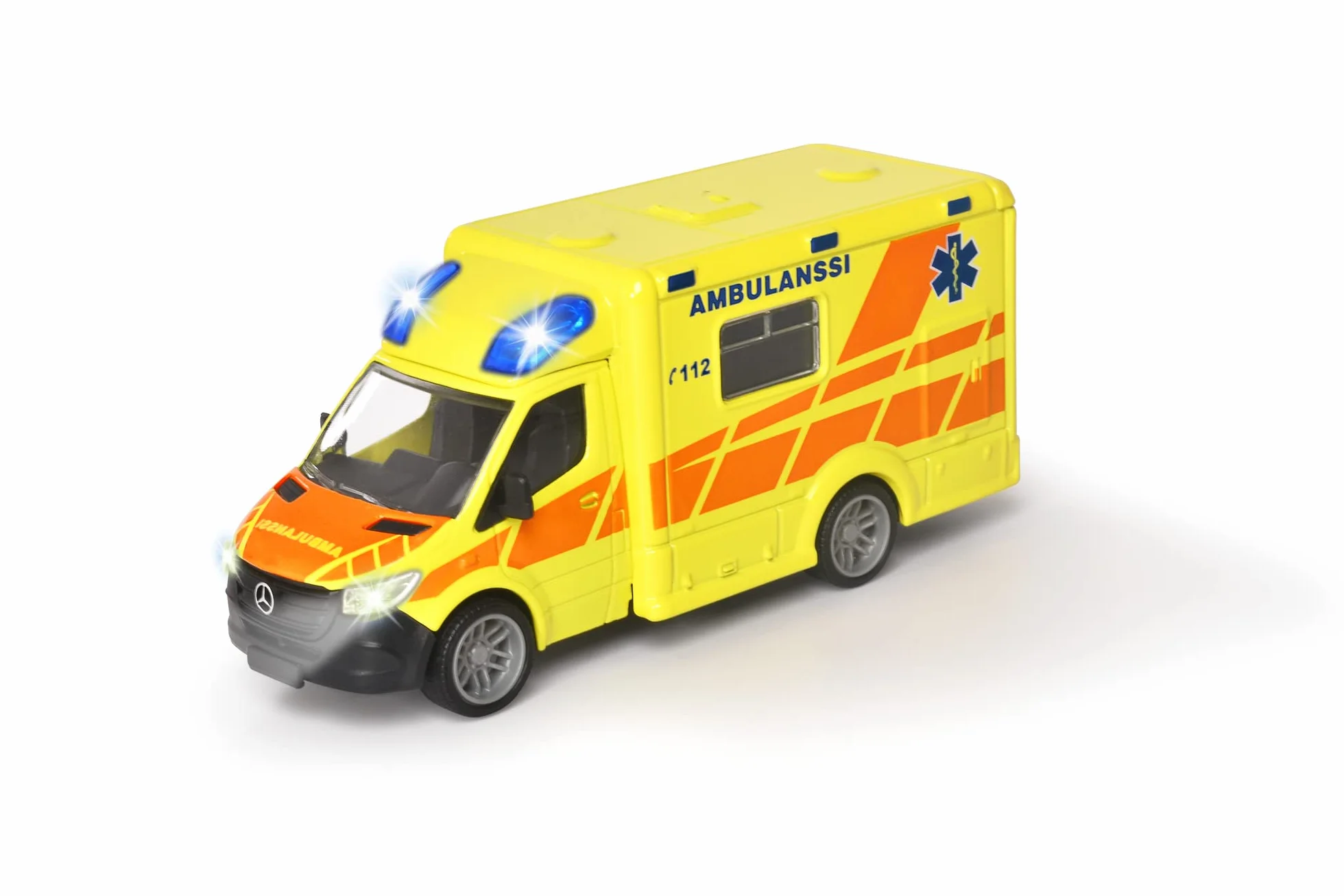 Majorette 213712001019 - Grand Series - Mercedes-Benz Sprinter Fiński Ambulans - Karetka pogotowia fińskiego modelu z Wolnobiegiem, Metal, Lekki, Dźwięk, Miękkie gumowe opony, 12,5 cm, 1:43, Od 3 lat,