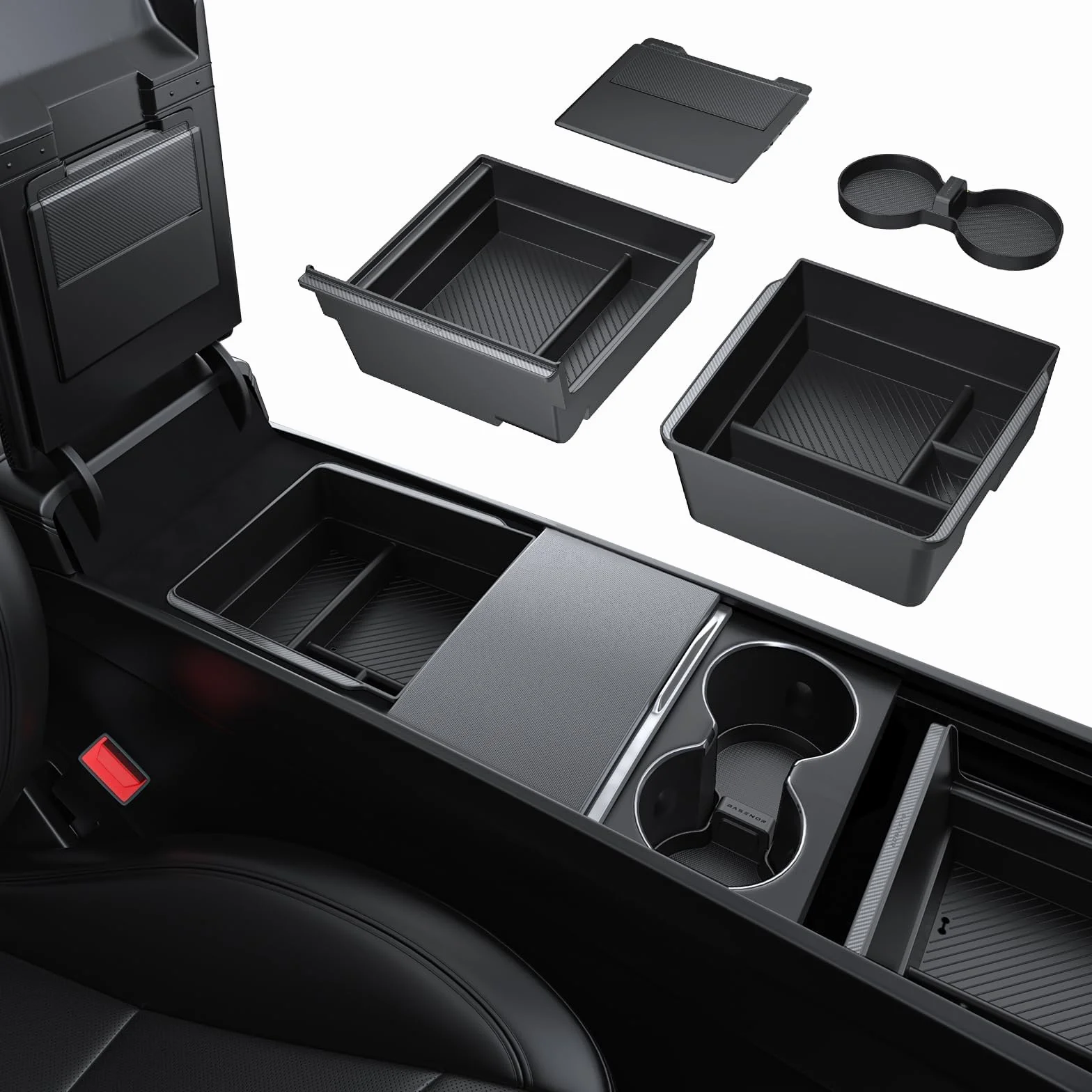 BASENOR 4PCS 2026 Tesla Model Y Model 3 Taca organizacyjna do konsoli środkowej, schowek w podłokietniku z uchwytem na kubek do modeli 2025 2026 Model Y Juniper 2024-2026 Tesla 3 Highland Akcesoria