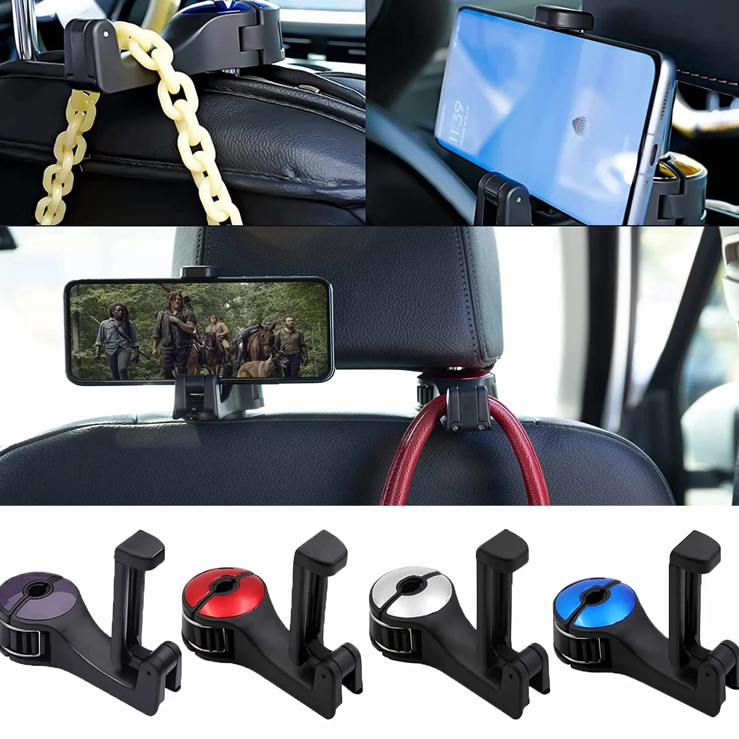 2 sztuki haków na tylne siedzenia samochodowe z uchwytem na telefon komórkowy, 2 w 1, na zagłówki, uchwyt na torbę, obracany o 360°, do foteli samochodowych, przenośny organizer, hak do tylnego