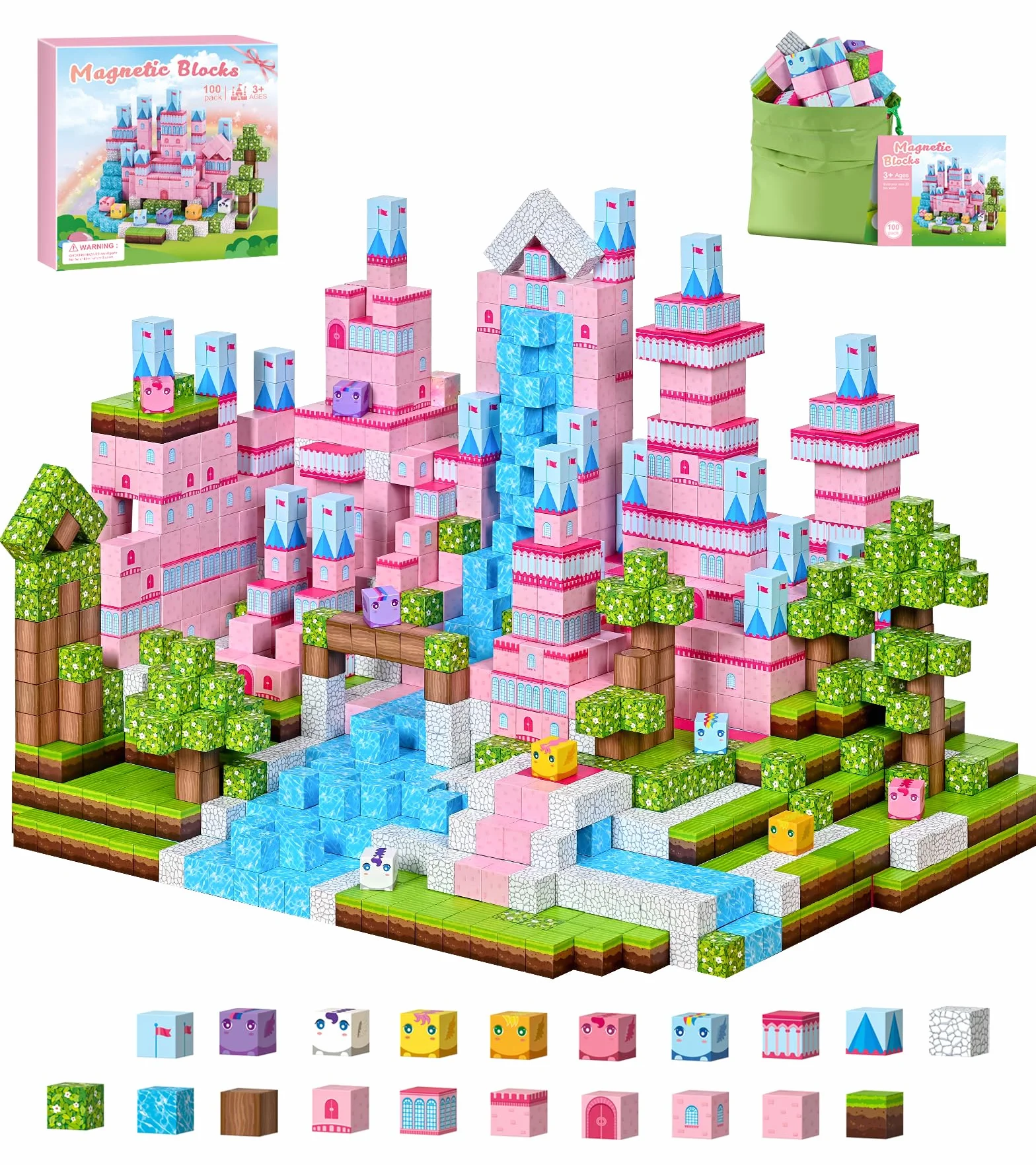 PINKCAT – 100 sztuk klocków magnetycznych, klocki do budowania różowego zamku dla dzieci, zabawki sensoryczne STEM dla maluchów, zabawka niezbędna w podróży, dla dziewczynek w wieku 3–12 lat