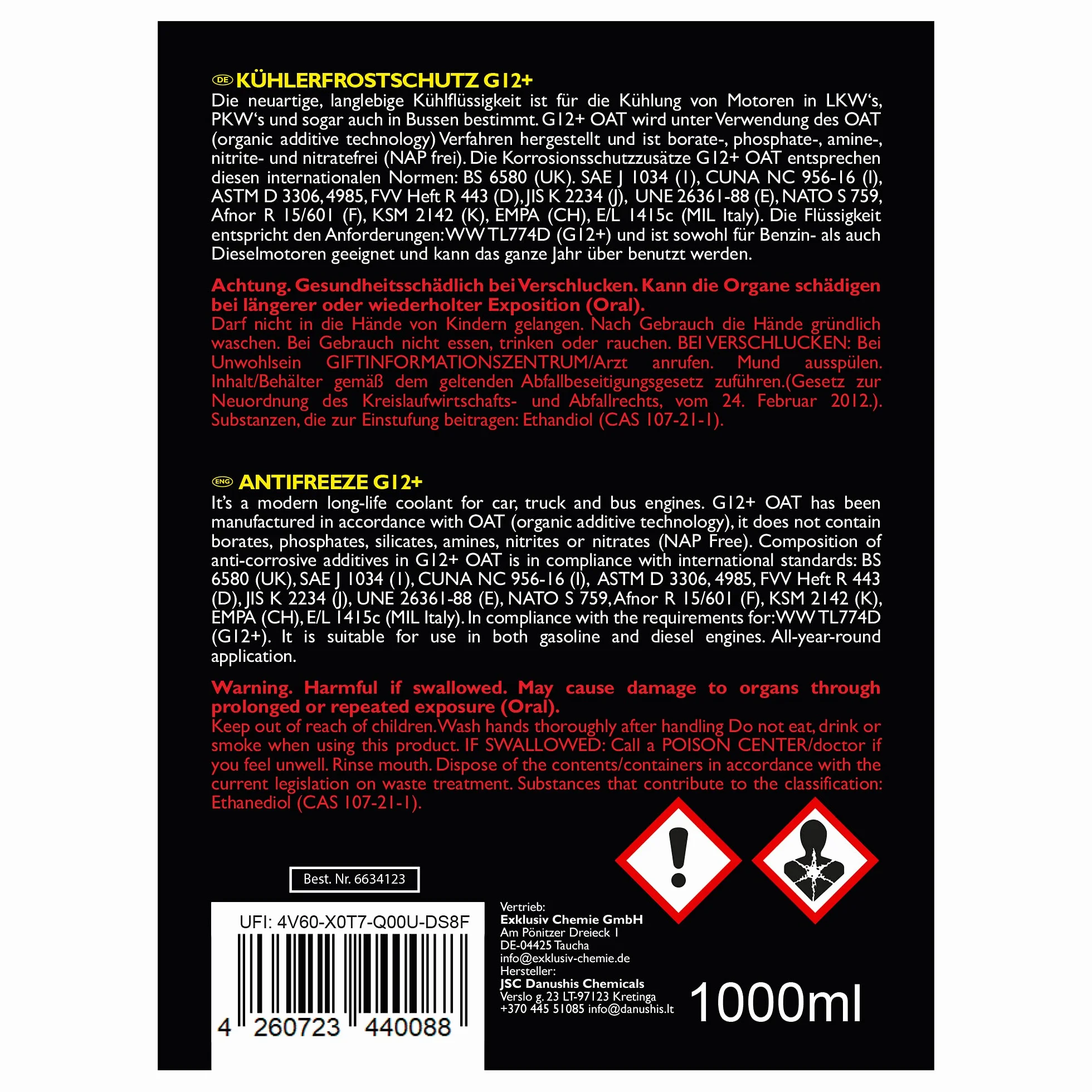 Exklusiv Chemie® G12+ płyn zapobiegający zamarzaniu chłodnicy | G12+ Płyn do chłodnic samochodowych | Gotowy do użycia | 1000ml
