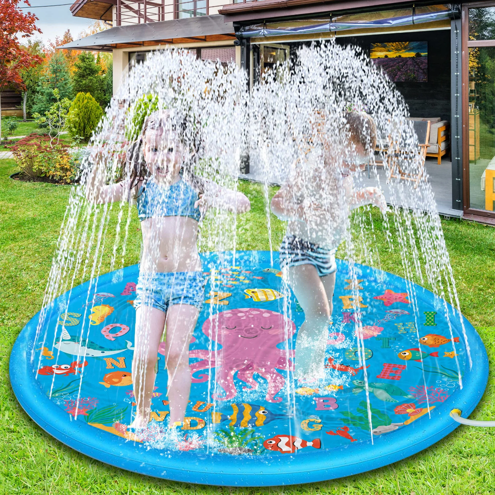 Lubibi Splash Pad, 170 cm, mata do zabawy wodna, mata do zabawy, ochrona przed rozpryskiwaniem, do nauki na świeżym powietrzu, na lato, do ogrodu, nadmuchiwana zabawka wodna dla niemowląt, dzieci