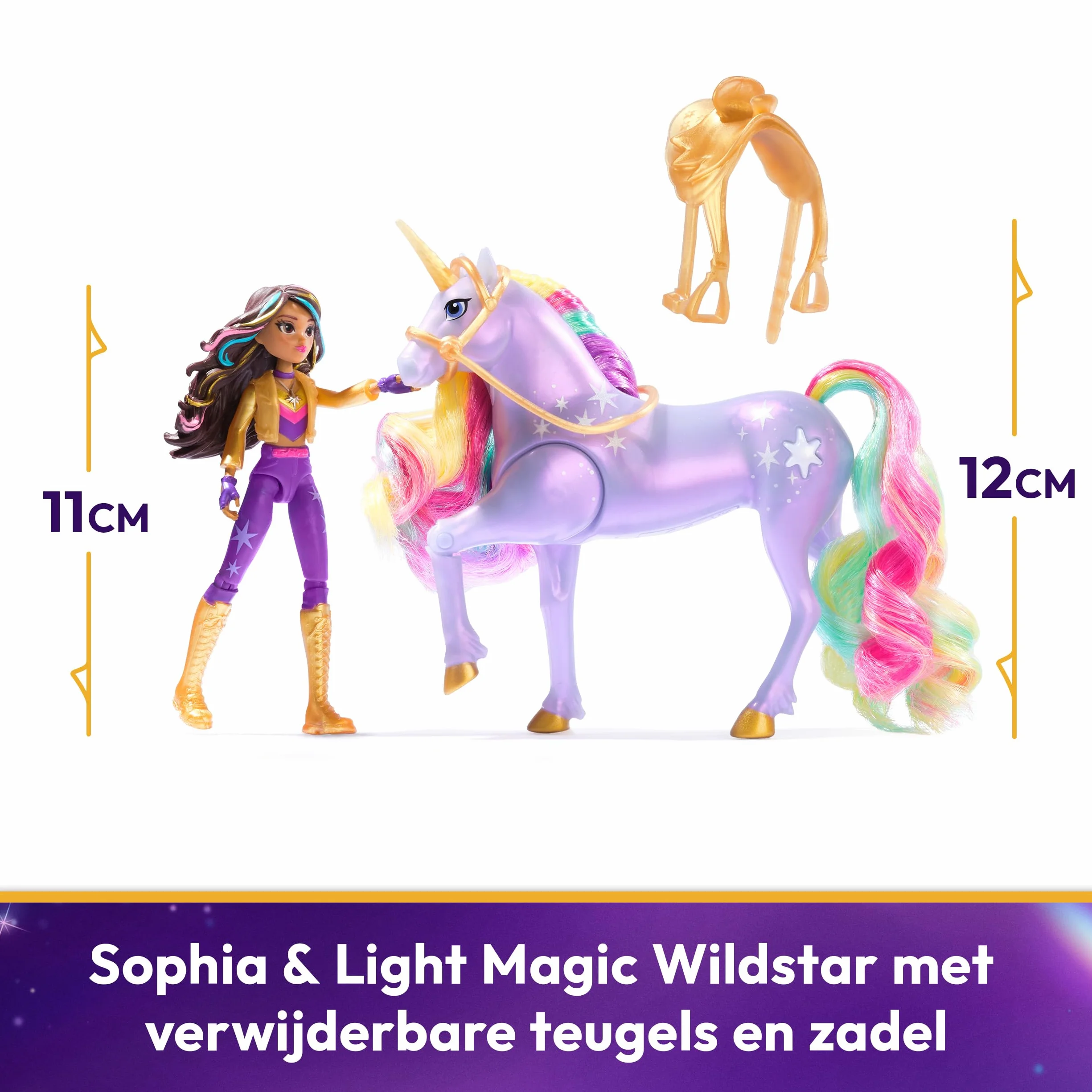 Unicorn Academy, Sophia & Light Magic Wildstar z tęczowymi efektami świetlnymi, 2 akcesoria do jazdy konnej, lalki i zabawki jednorożca dla dziewcząt w wieku od 4 lat