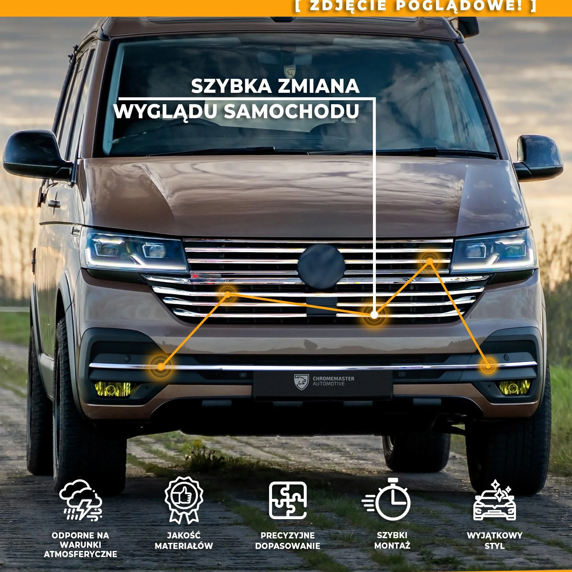 CHROMEMASTER Listwa Atrapy Zderzaka Przedniego Stal Nierdzewna Polerowana Kompatybilna z VW T6.1 California 2019-2024