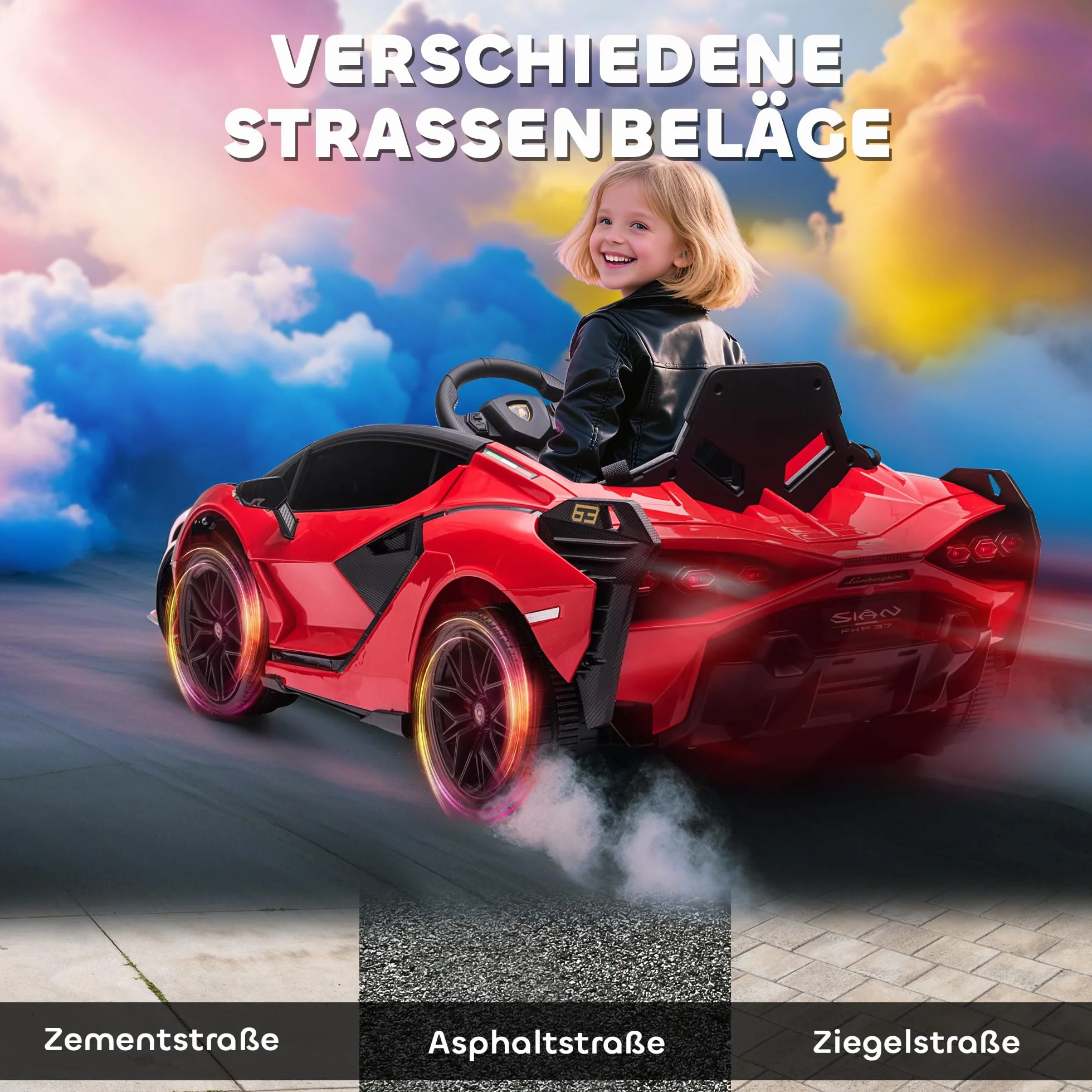 Samochód dziecięcy HOMCOM 2 tryby jazdy Lamborghini SIAN SUV autko zabawka samochód elektryczny z pilotem bardzo szerokie opony muzyka (MP3/USB) oświetlenie 3–5 lat PP metal czerwony 108 x 62 x 40 cm