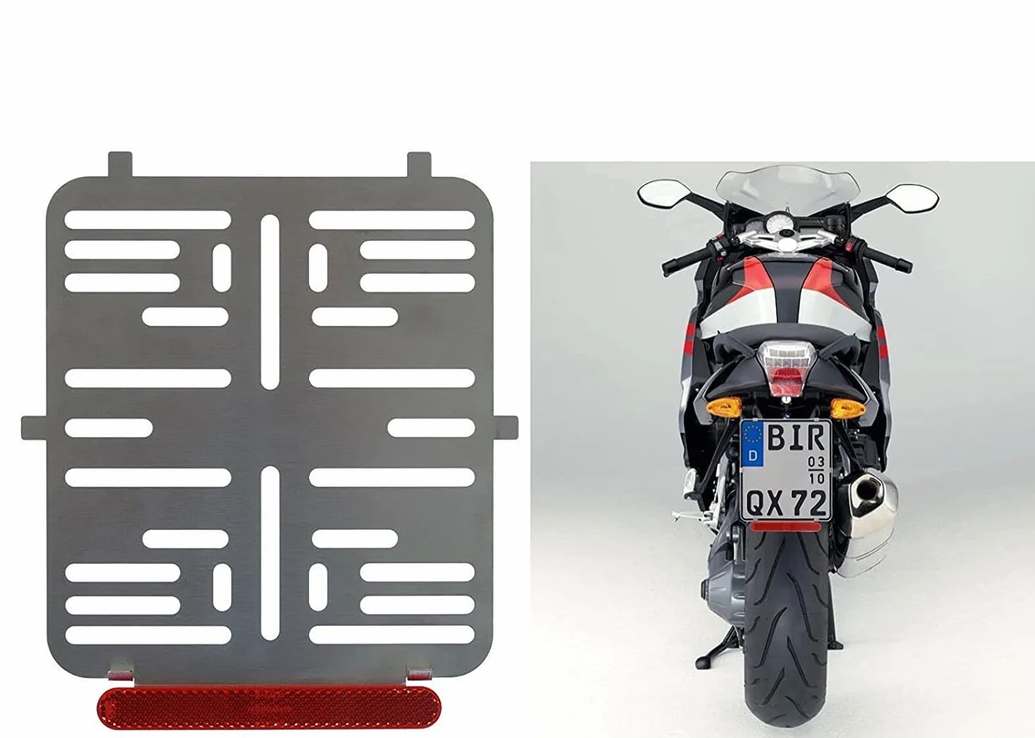 1 x uchwyt tablicy rejestracyjnej 180 x 200 mm, bezramowy, 100% stal nierdzewna (bez rdzy) o grubości 0,8 mm - z reflektorem odblaskowym CZERWONY - dla motocykla - skutera