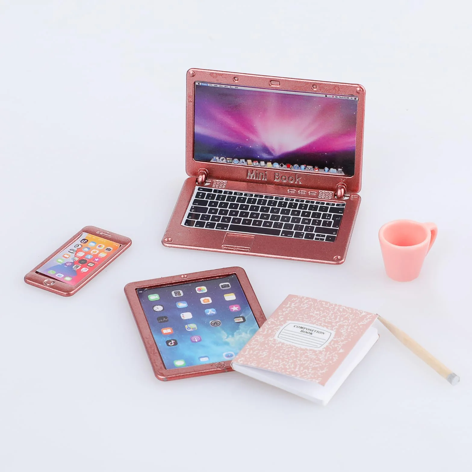 TIESOME 6-częściowy zestaw do domku dla lalek, miniaturowy zestaw laptopa, laptopa, komputera, domku dla lalek, dekoracja, mały domek dla lalek, model mebli, tablet symulacyjny (różowy)