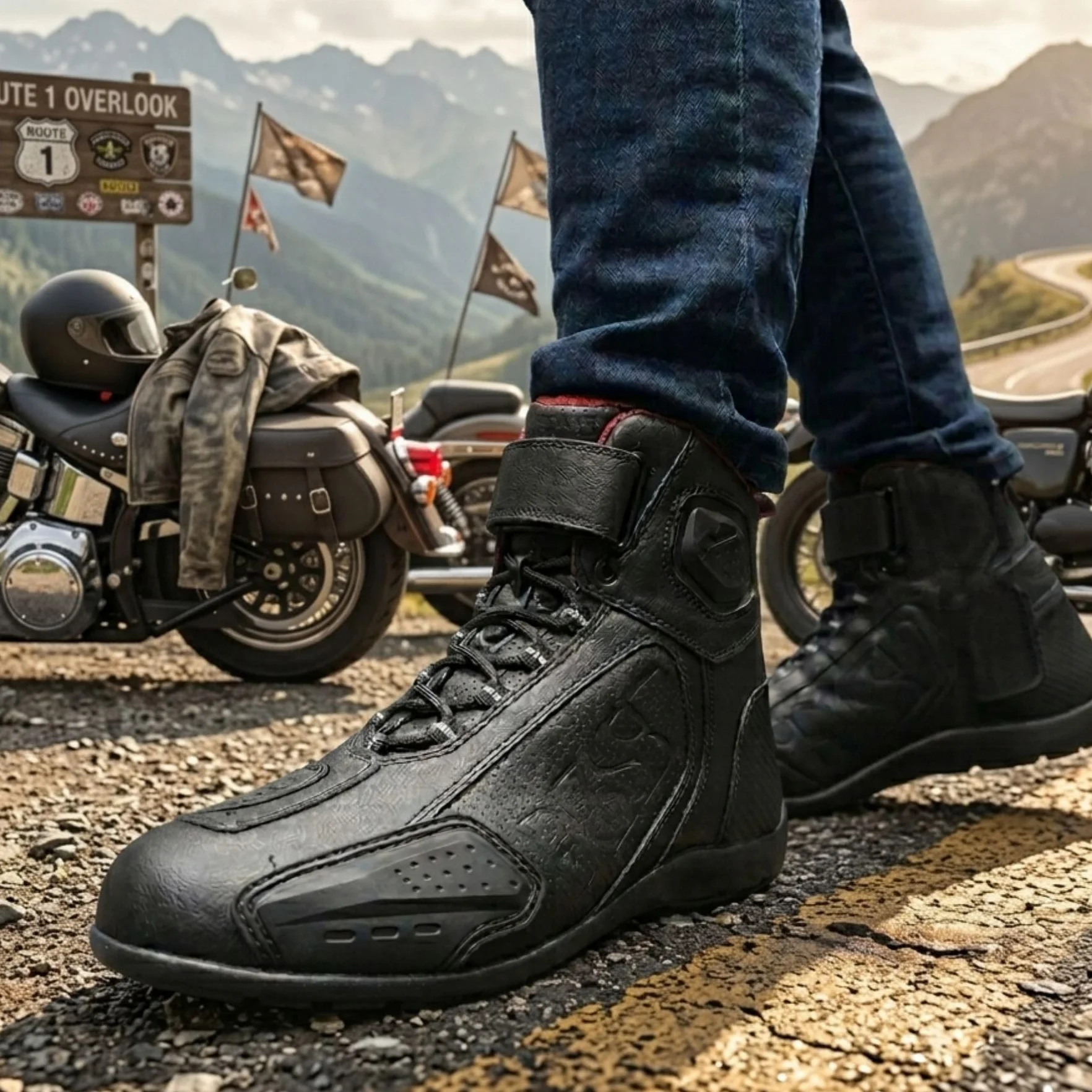 IsX Buty motocyklowe z systemem sznurowania, formowane suwaki na palce, boczny zamek błyskawiczny, antypoślizgowa podeszwa, czarne