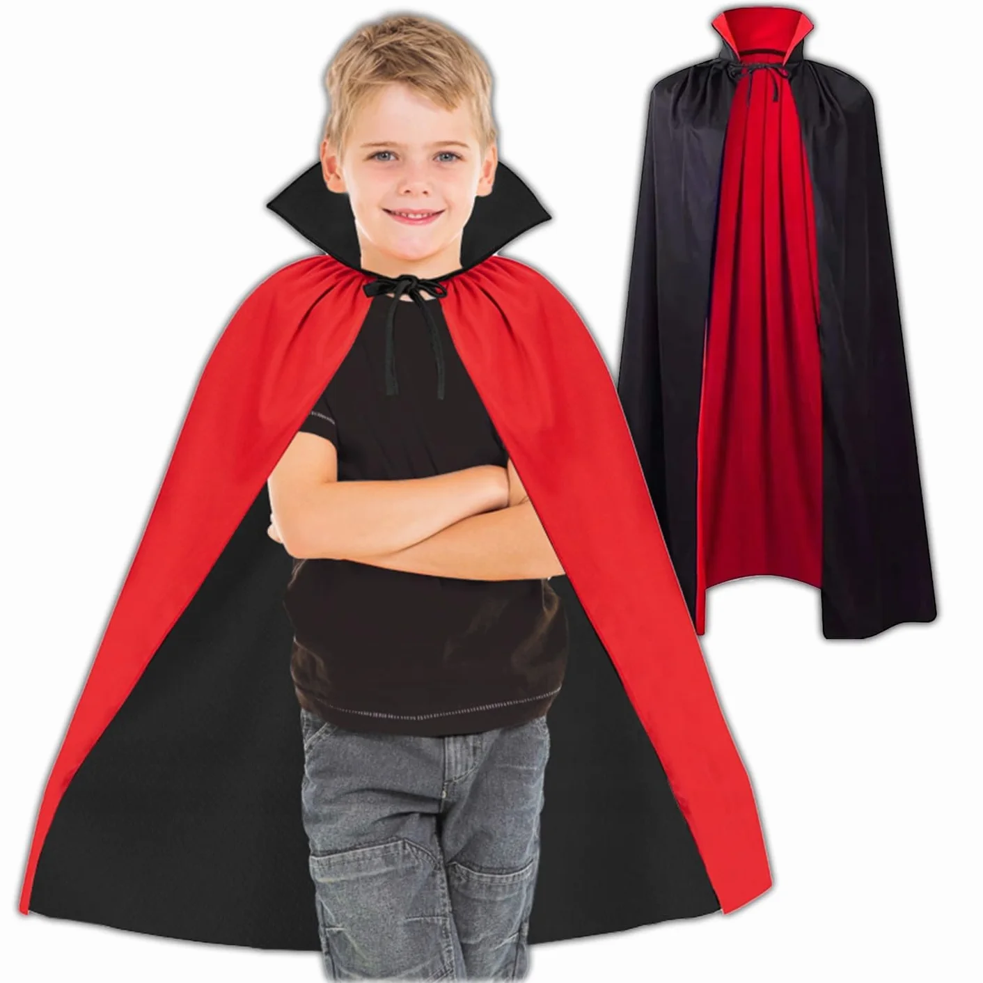 KRUMAD Peleryna Halloween Dwustronna 80 cm Czarna Czerwona, Uniwersalny Strój dla Dzieci i Dorosłych, Kostium Wampira Drakuli, Dodatek na Bal, Imprezę, Karnawał, Przebranie