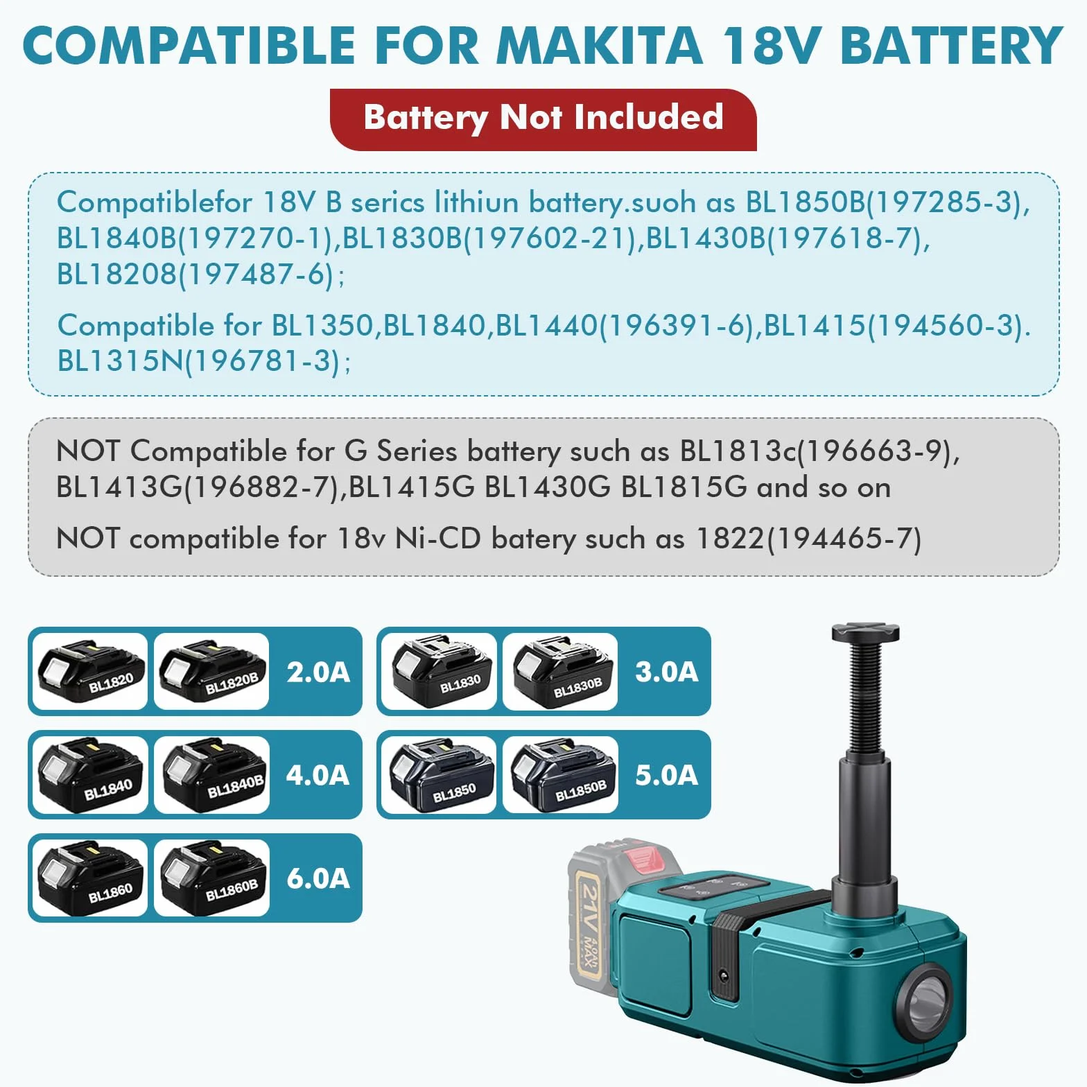 Makita Podnośnik hydrauliczny 5T 18V elektryczny podnośnik samochodowy z pompą i światłem LED 15,5-45 cm