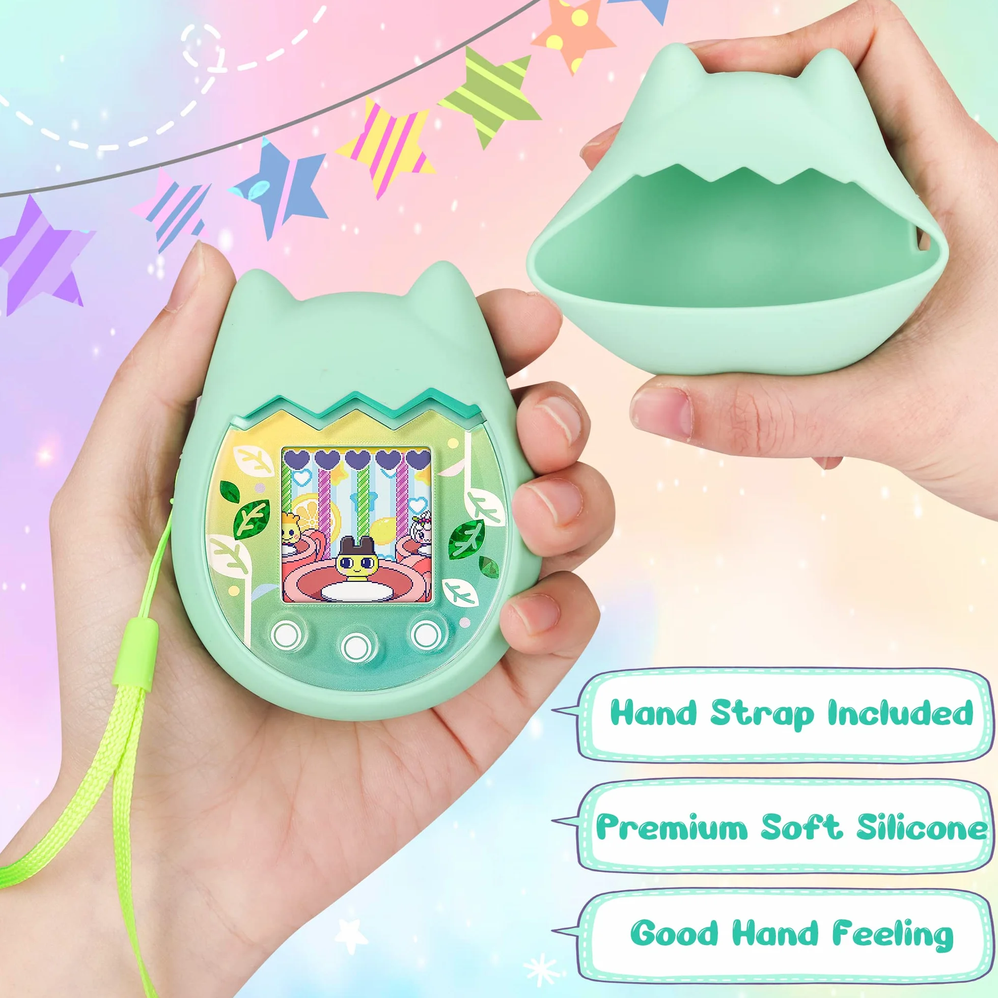 Silikonowe etui i twarda obudowa, kompatybilne z Tamagotchi Pix, etui ochronne do Tamagotchi Pix z paskiem na rękę, ochroną ekranu i smyczą (kolor zielony)