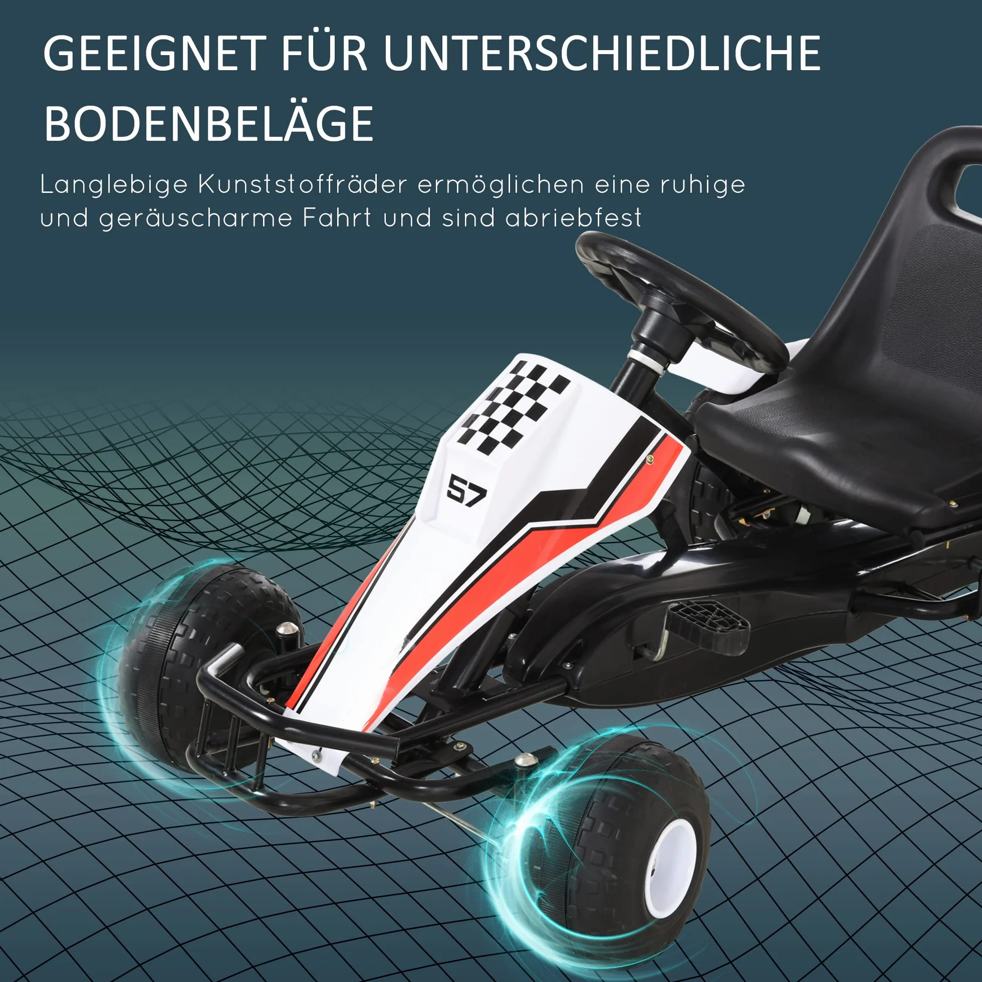 Gokart HOMCOM samochód dziecięcy na pedały z pedałem hamulca zabawka dla dzieci 3–8 lat stal kolor biały 104 x 66 x 57 cm