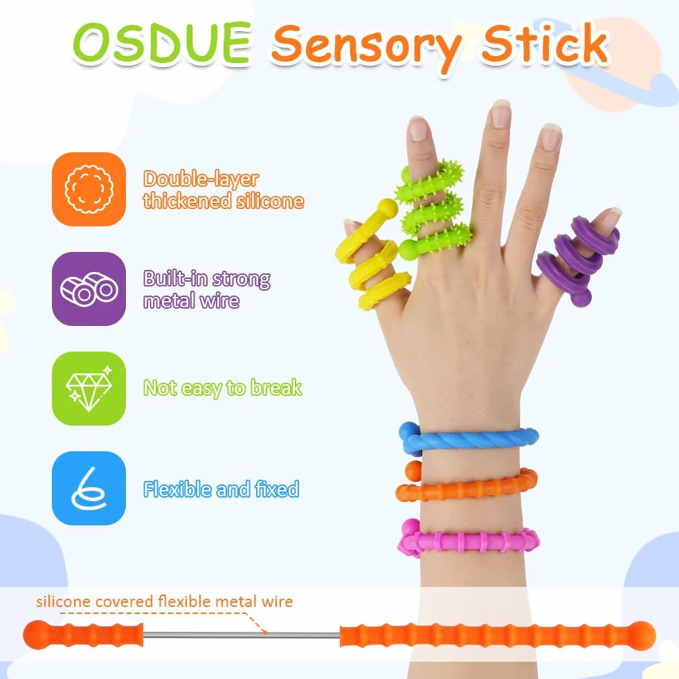 OSDUE Antystresowe kije sensoryczne, 6 sztuk, silikonowe zabawki sensoryczne, teksturowane, teksturowane fidget, kolorowe patyczki do autyzmu, ADHA, stres, lęk, 25 cm