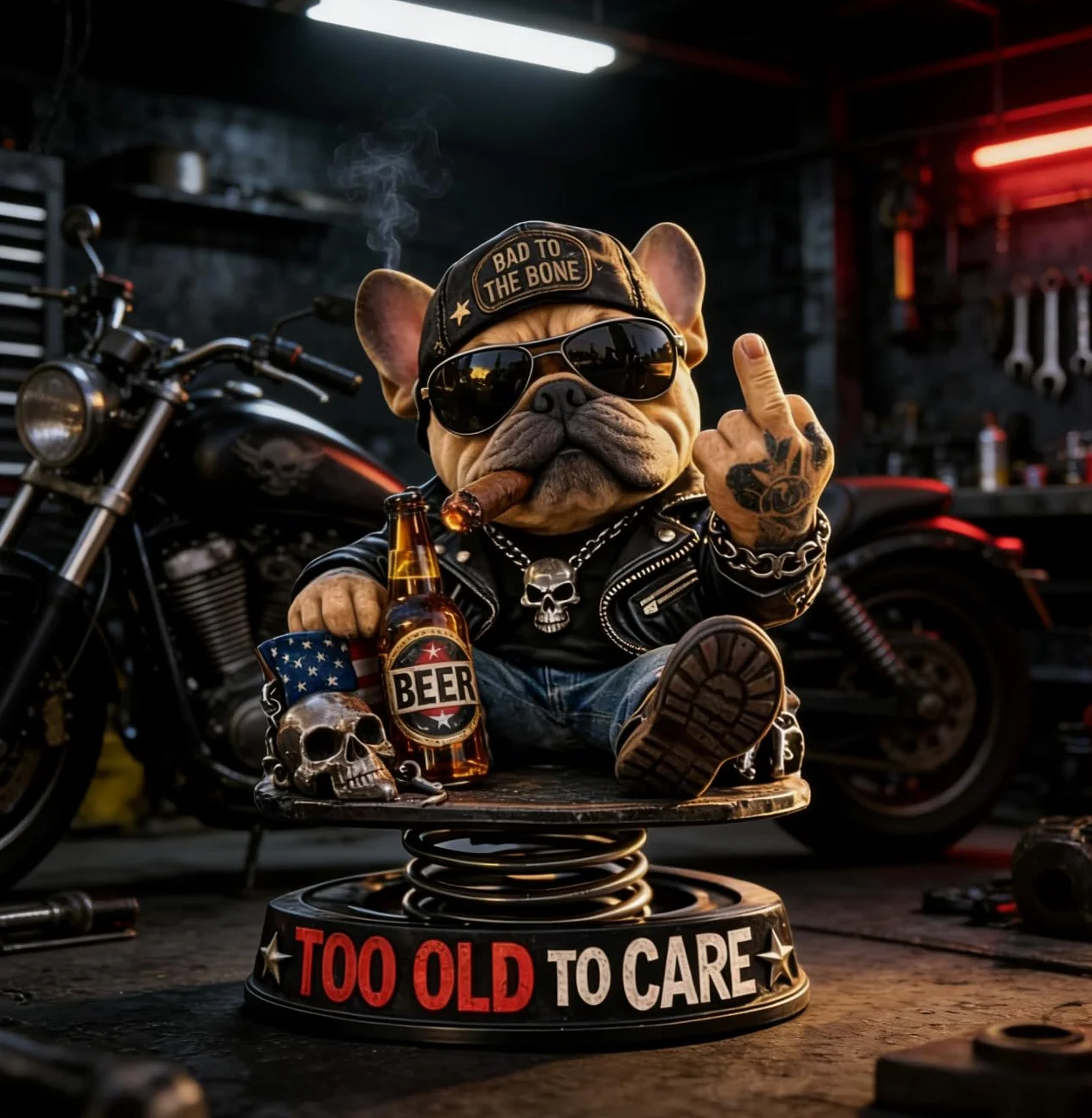 Too Old to Care Dashboard Bobblehead, interesujący buldog jako dekoracja samochodowa, zabawna dekoracja deski rozdzielczej samochodu w kształcie psa ze sprężynową podstawą, bobbleheady na deskę
