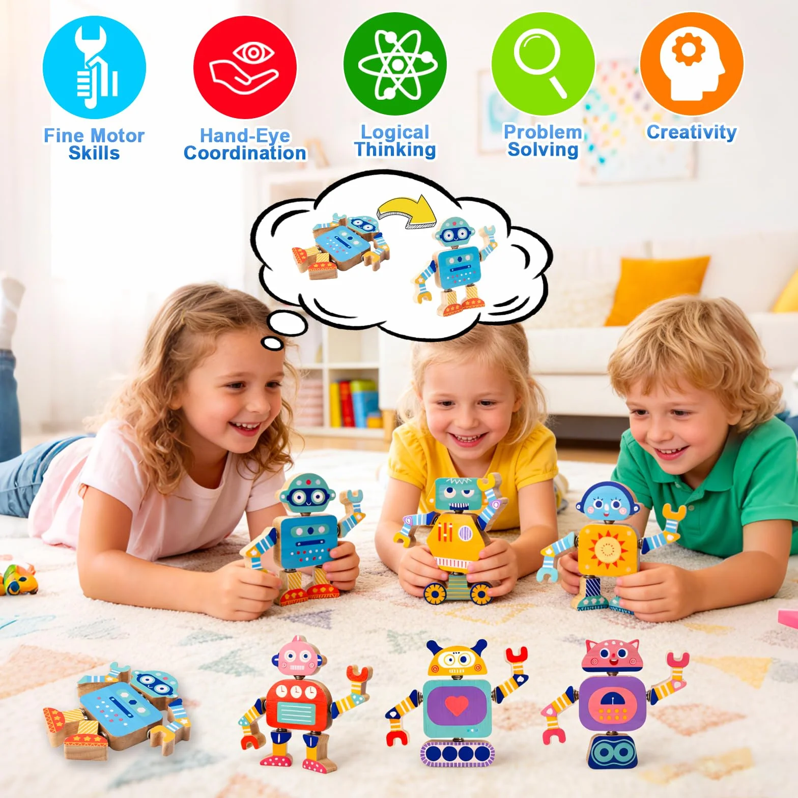 Liangding Drewniane Klocki Roboty do Składania, 33 Elementy, Zabawka Konstrukcyjna Montessori do Budowania i Rozkładania, Ruchome Ręce i Nogi, dla Dzieci od 3 do 6 Lat