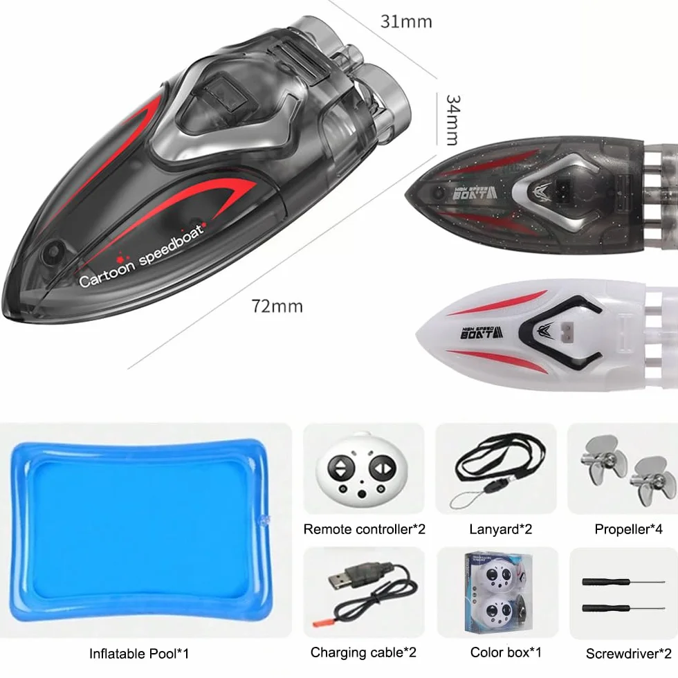 OBEST 2 szt. Mini zdalne łodzie sterowane ze światłem LED, łodzie wyścigowe RC Stunt z 2,4 GHz pilot zdalnego sterowania i nadmuchiwany basen, jeziora i stawy zabawka dla chłopców i dziewcząt