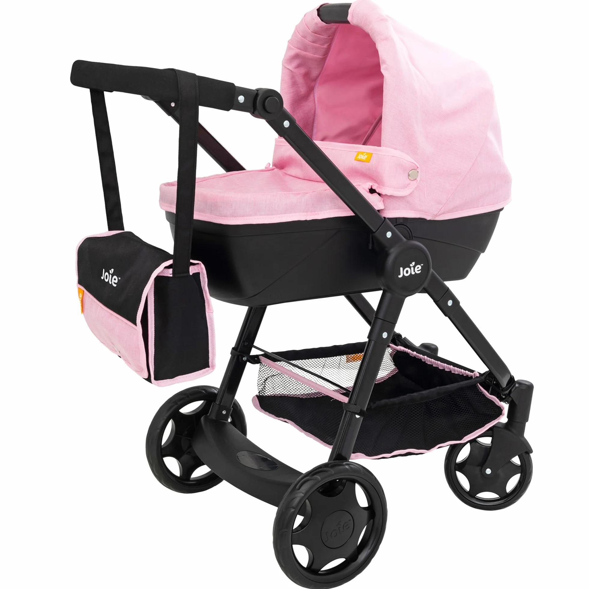 Joie Junior Mytrax Wózek dla lalek, pojedynczy, z odpinanym łóżeczkiem, pasująca torba do przewijania i schowek pod siedziskiem, system podróżny, czarnym i różowy, regulowana wysokość uchwytu, wiek 3+