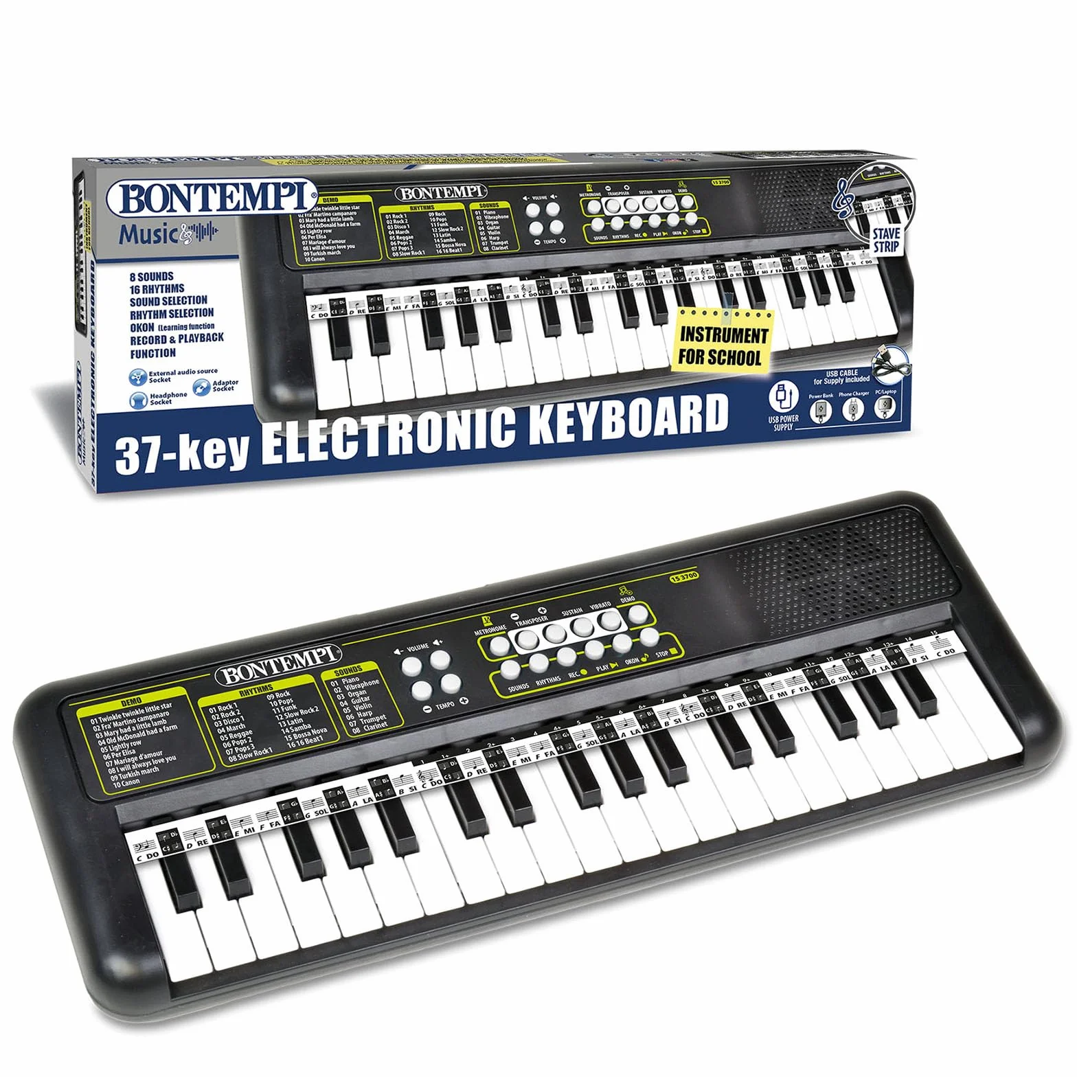 Bontempi | KeyRhythm - Cyfrowa klawiatura 37-klawiszowa, rozstaw 1,5 cm z gniazdem słuchawkowym, pięciolinia, metronom i transpozycja, 42,4x15,2x4,7 cm