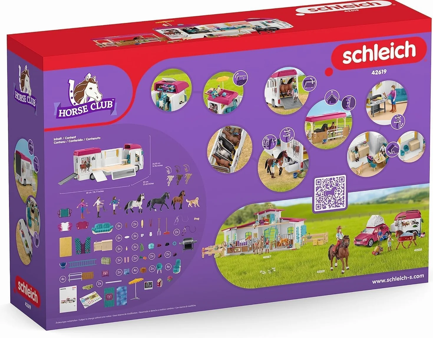 schleich HORSE CLUB | Transporter dla koni 42619 | z boksem, 3 końmi, Lisą, jej rodzicami i akcesoriami | idealny prezent dla dziewczynek i chłopców | zabawka z końmi od 5 lat | zestaw 227 elementów