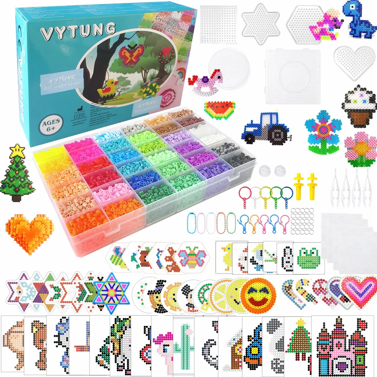 Vytung Zestaw koralików bezpiecznikowych, 36 kolorów, 5 mm, 220 kart, 6 pegboardów, zestaw koralików bezpiecznikowych dla dzieci, plastikowe koraliki i żelazko do zestawu koralików bezpiecznikowych,