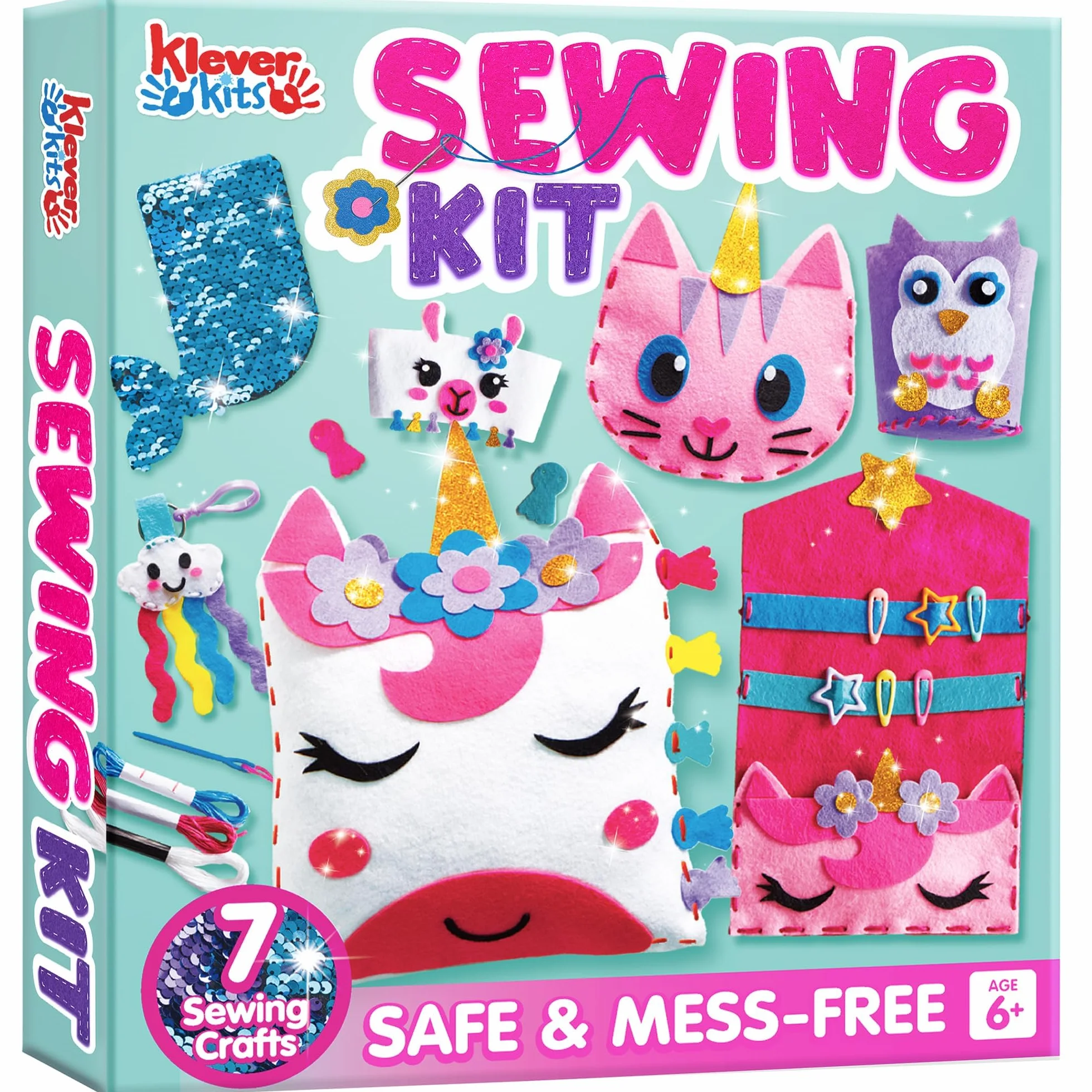 Klever Kits Pierwszy filcowy zestaw do szycia dla dzieci 6-10 lat, 7 DIY prac, poduszki z jednorożcem, etui na karty syrenki