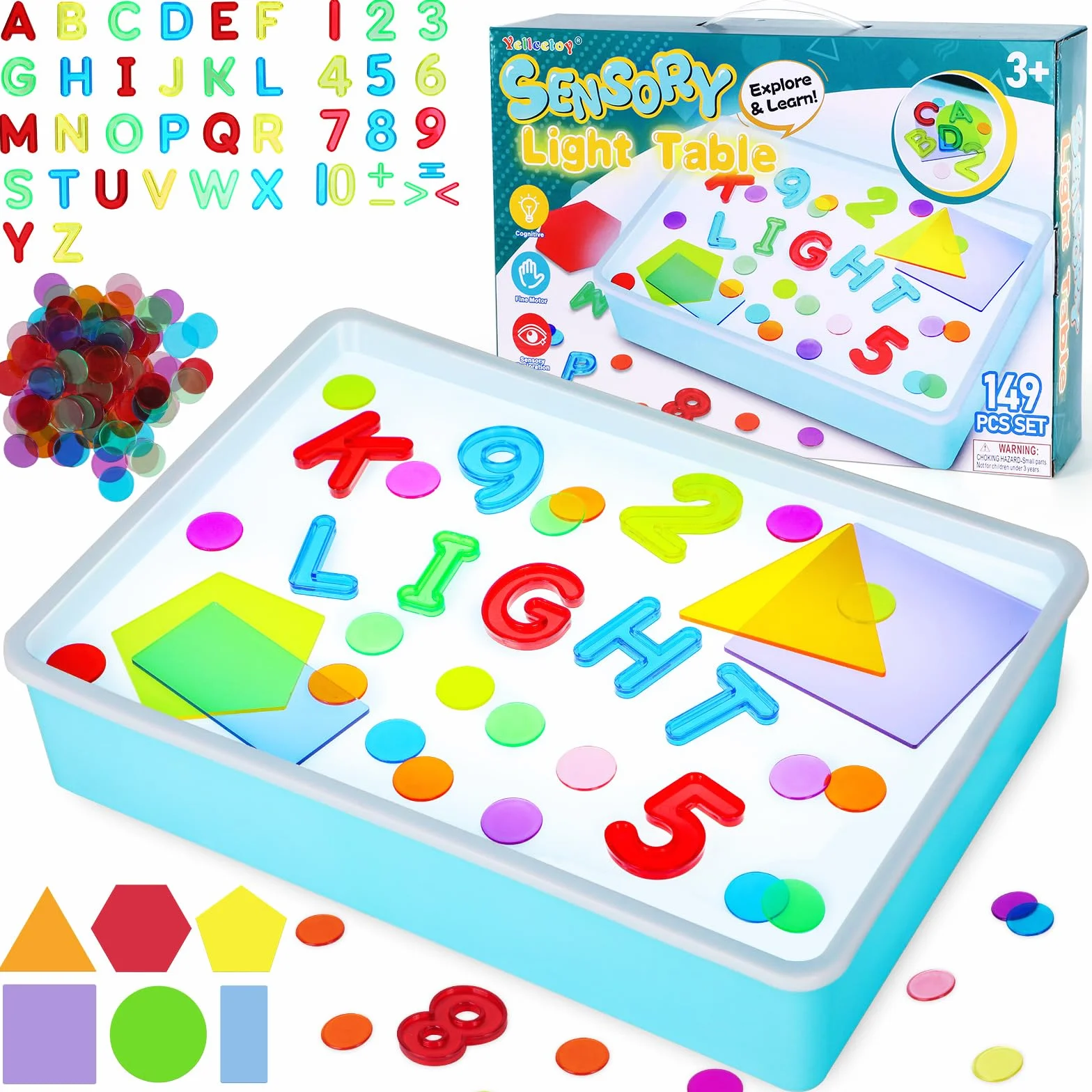 Yellcetoy Zabawki Montessori 3+ Lat - Interaktywny Stolik Świetlny Sensoryczny z 149 Akcesoriami, Light Box Terapeutyczny dla Dzieci z ADHD/Autyzmem, Edukacyjne Gry Rozwijające Motorykę (3-7 łac)