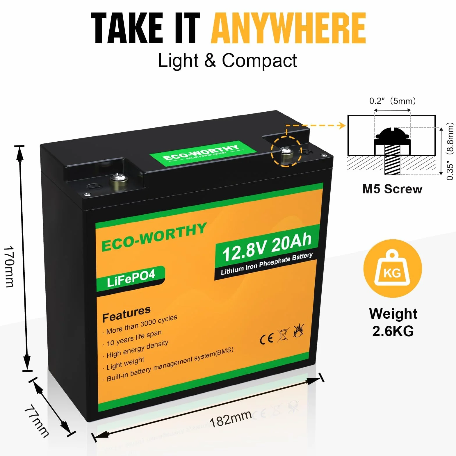 ECO-WORTHY LiFePO4 akumulator 12 V 20 Ah z ochroną BMS i maks. 15000 cykli, bateria litowa 256 Wh 12 V 20 Ah do silników trollingowych, łodzi, kamperów