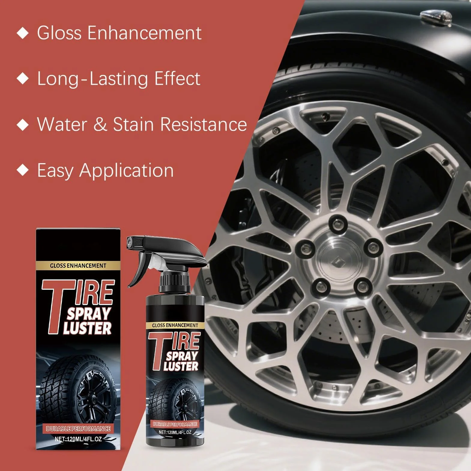 Tire Shine Spray - 120ml Rim Restorer Agent, High Gloss Wheel Cleaner | Deep Black Finish Effect, Long-Lasting Protective Coating Function, Car Care Accessory, Ideal for Vehicle, Garage, 7.3x17cm
