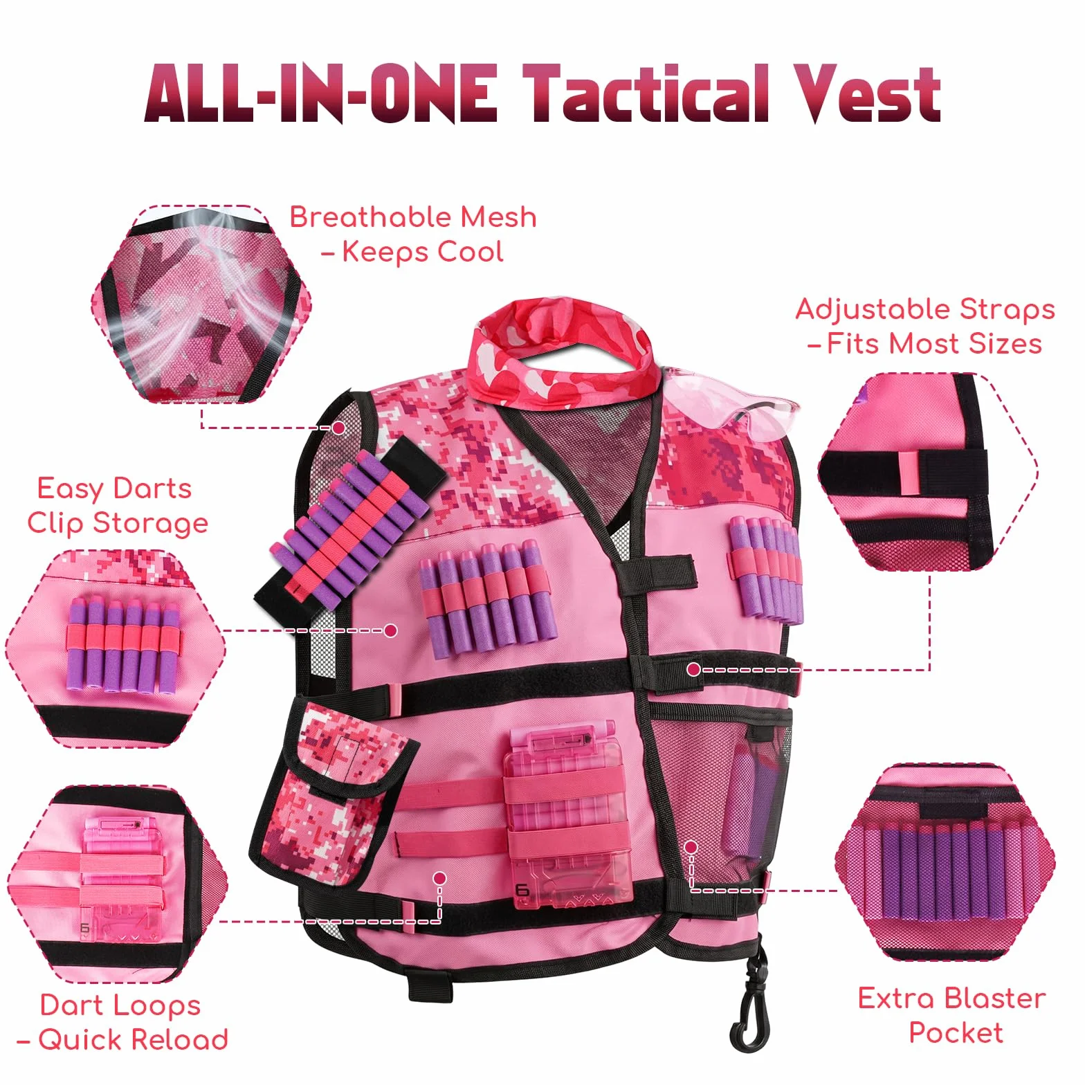 Lehoo Castle taktyczna kamizelka, zestaw do pistoletów Nerf N-Strike Elite, taktyczna kamizelka dla dzieci, z 30 pociskami, okularami, klipsami do szybkiego przeładowania, maską i opaskami na rękę