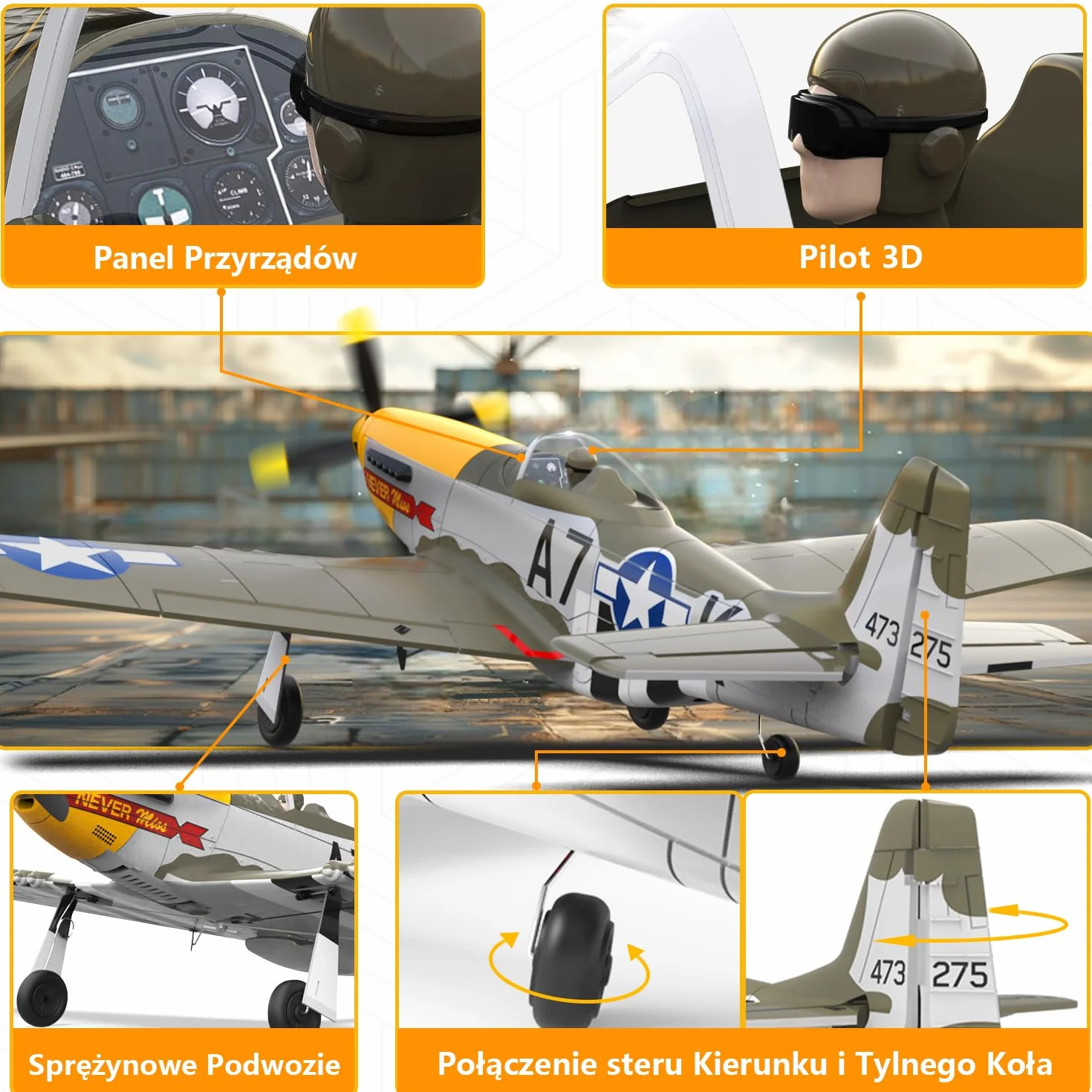 HAWK'S WORK Samolot RC P-51D Mustang 500mm, 4-kanałowy Zdalnie Sterowany Warbird RTF, Silnik Bezszczotkowy 6-osiowy Żyroskop 3 Tryby Lotu, Łatwy w Pilotażu dla Początkujących Chłopców i Dorosłych
