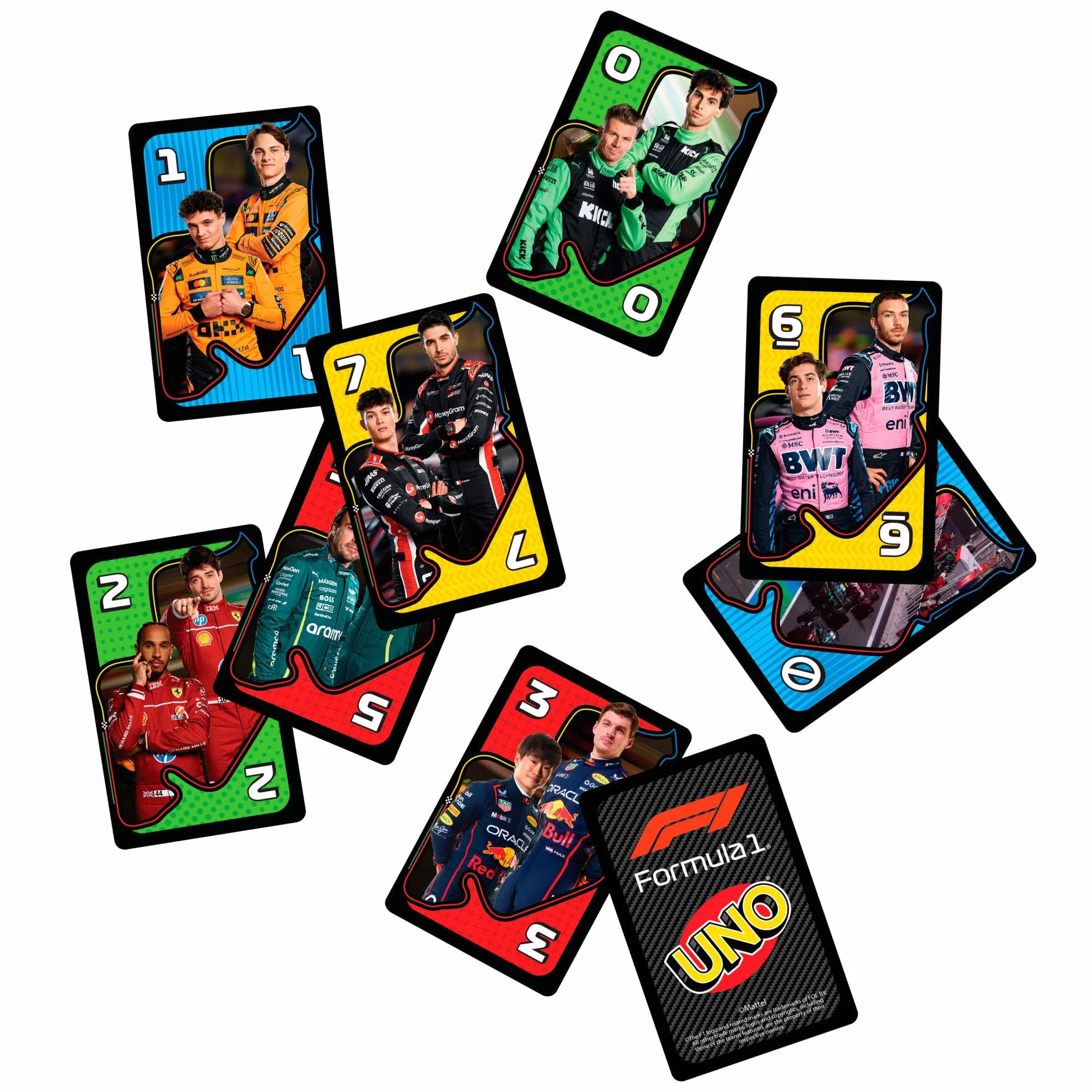 Mattel Games UNO Formuła 1 Gra karciana, karty z grafikami ze świata Formuły 1, imprezowa, rodzinna i towarzyska gra dla dzieci 7+ i fanów, JMF10