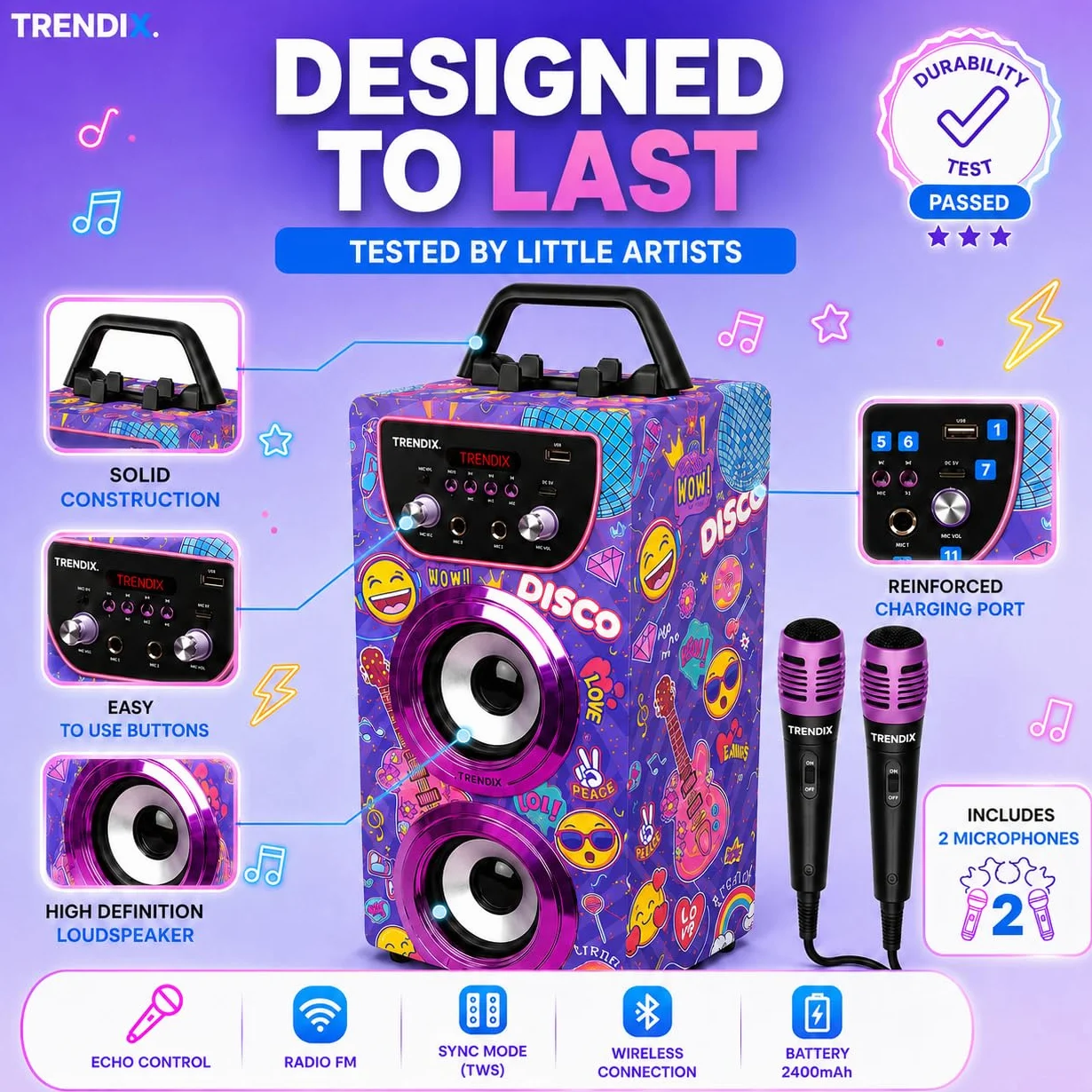 Trendix - Karaoke dla dzieci Top Singer | Głośnik z mikrofonem | Karaoke 2 mikrofony Radio FM, USB, Bluetooth i SD | Karaokes dla dziewczynek i chłopców | Prezenty komunijne dla dziewczynek